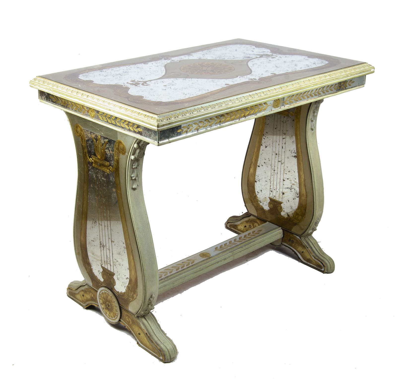 Early 20th Century Neoclassical Lyre Side Table With Acid Etched Glass Top And Accents By Maison Jansen, France