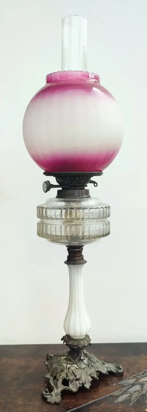 Stunning And Large Victorian Cranberry Glass Oil Lamp, Duplex Wicks