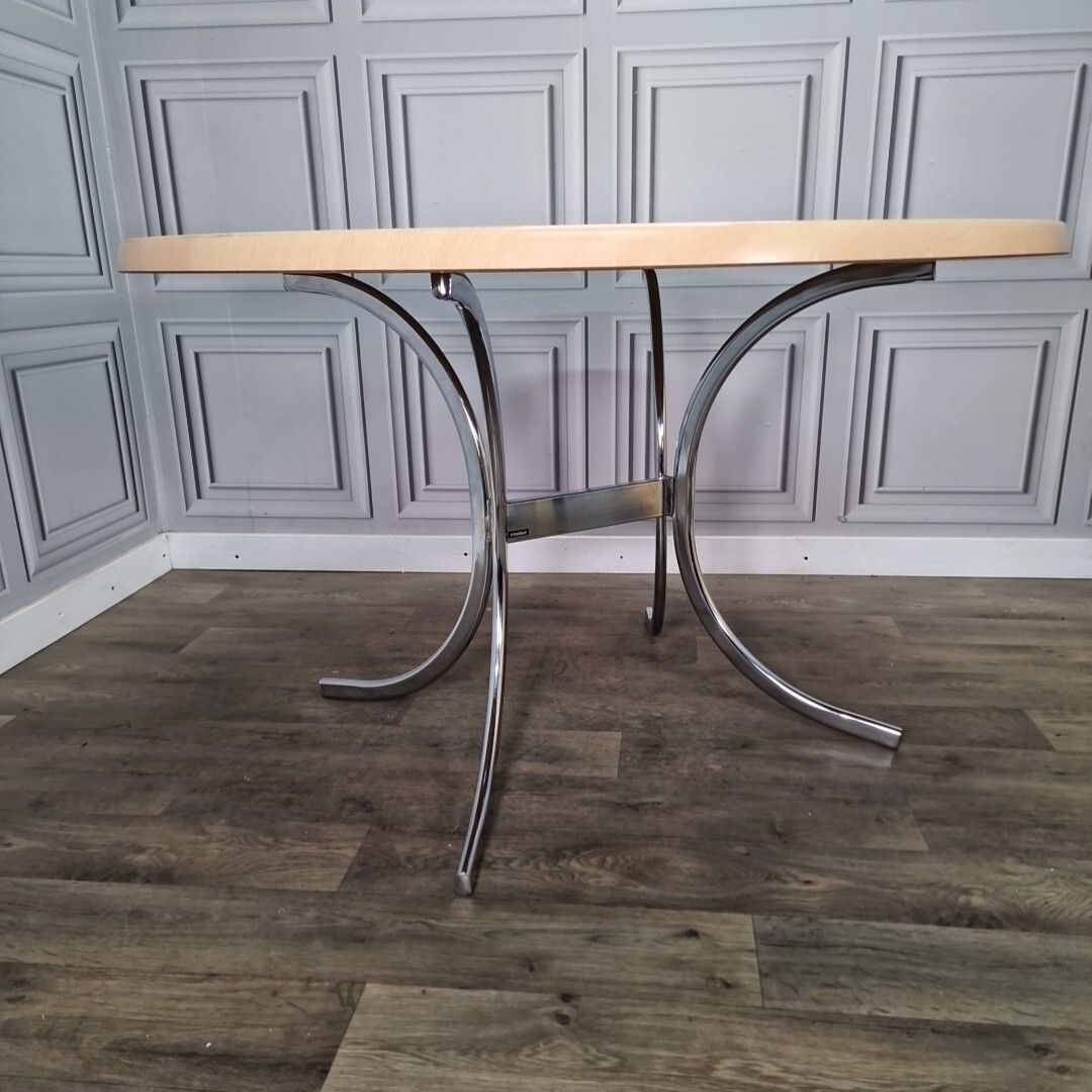 Retro Chrome Dining Table Modernist Round Frovi Wood Top Mid Century Modern photo for sale