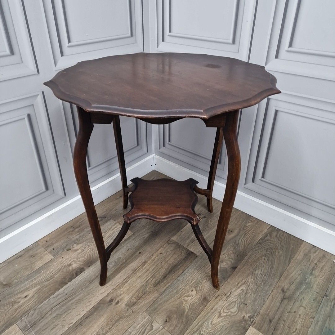 Antique Wooden Edwardian Table Window Side End  Scalloped Top 2 Tier Mahogany