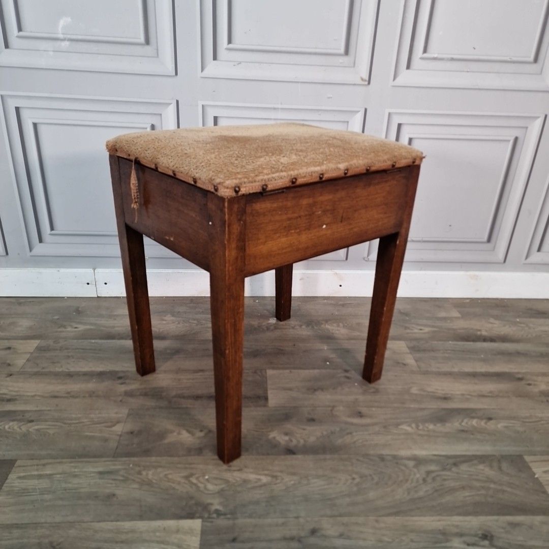 Vintage Oak Piano Sewing Stool Lift Up Seat Storage Arts & Crafts Style Retro photo for sale
