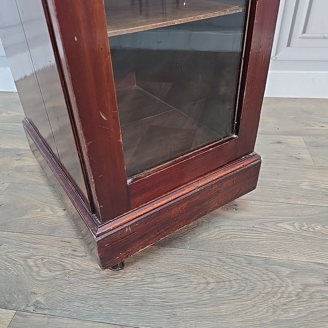 Antique Glazed Display Cabinet Castors – Single Door Bookcase Cupboard Mahogany photo vintage