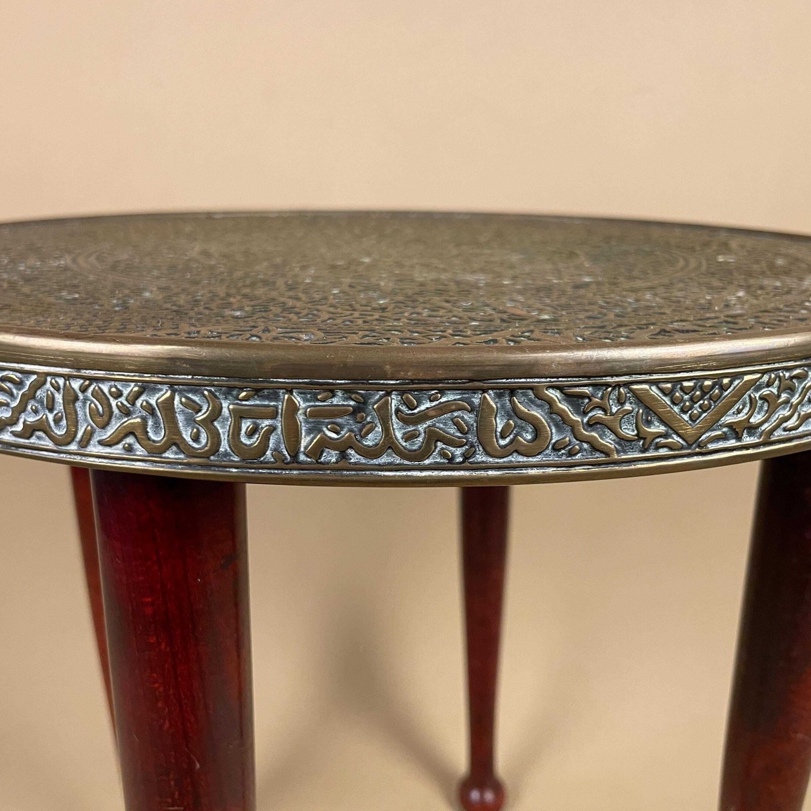 Antique Metal Gold Brass Indian Table Patterned Tray Top Asian Handmade Intricate Decorative Round Coffee Side Wood Pin Legs Vintage photo furniture