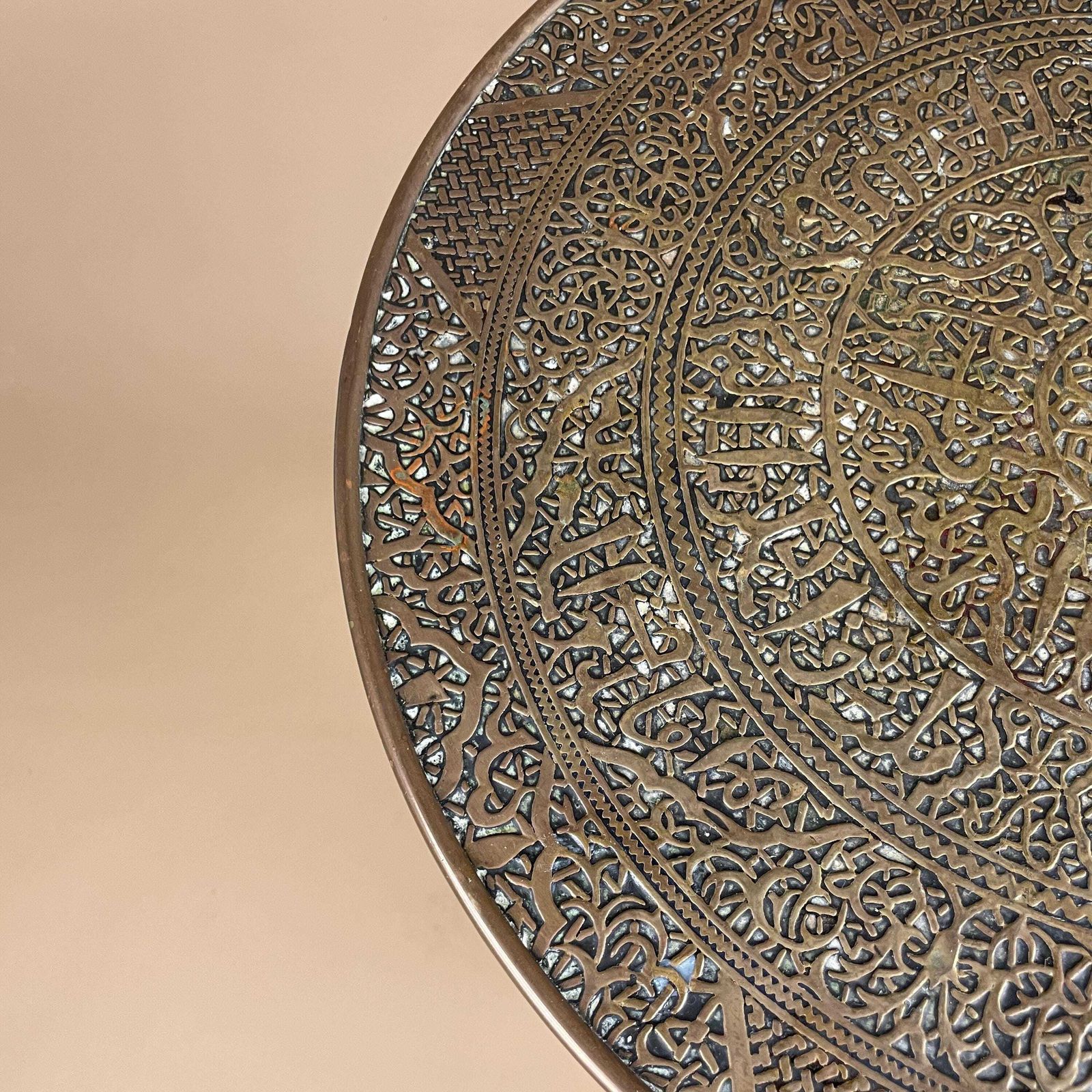 Antique Metal Gold Brass Indian Table Patterned Tray Top Asian Handmade Intricate Decorative Round Coffee Side Wood Pin Legs Vintage photo vintage