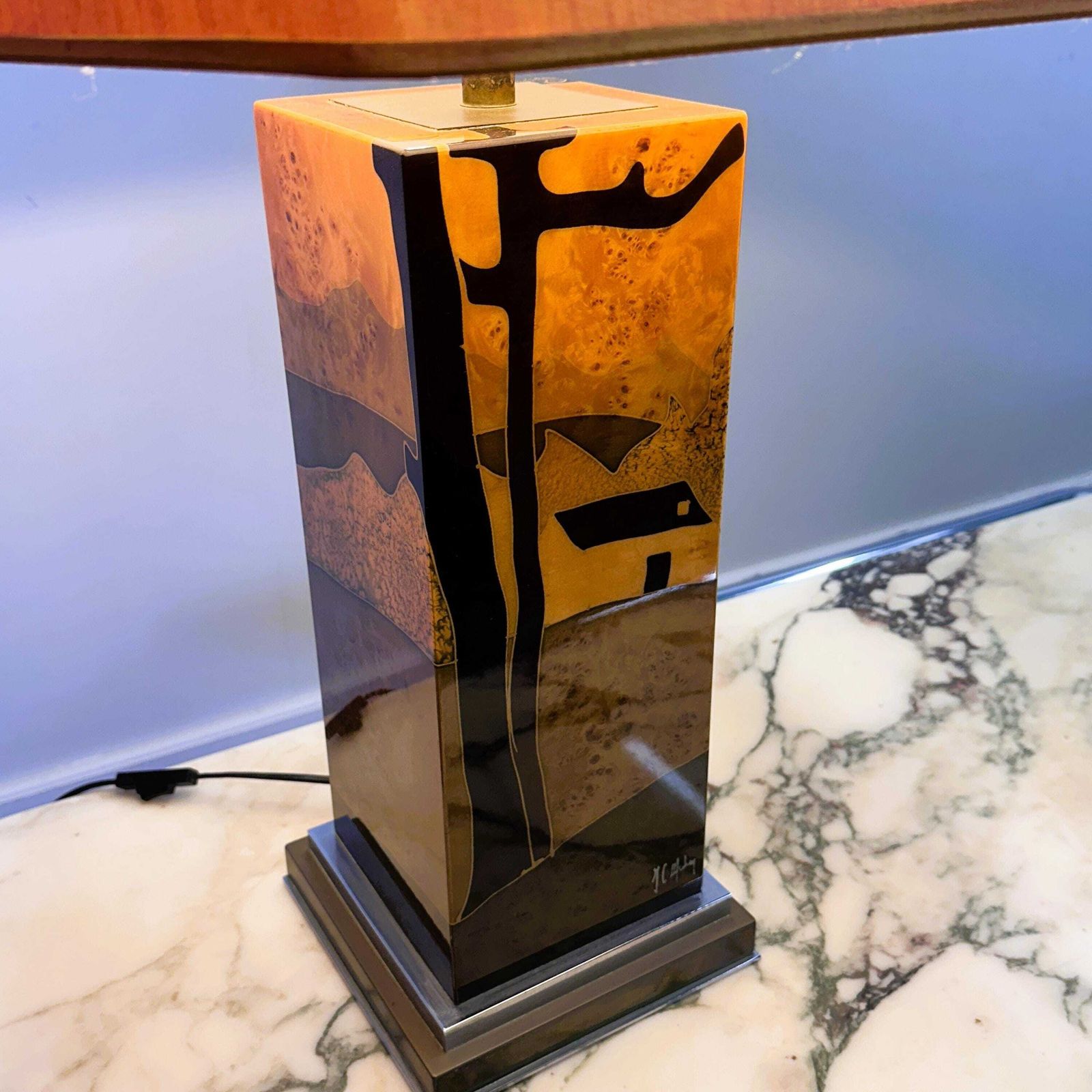 Rare 1970s Jean Claude Mahey Table Lamp In Burl Wood With Abstract Inlay And Original Shade photo furniture