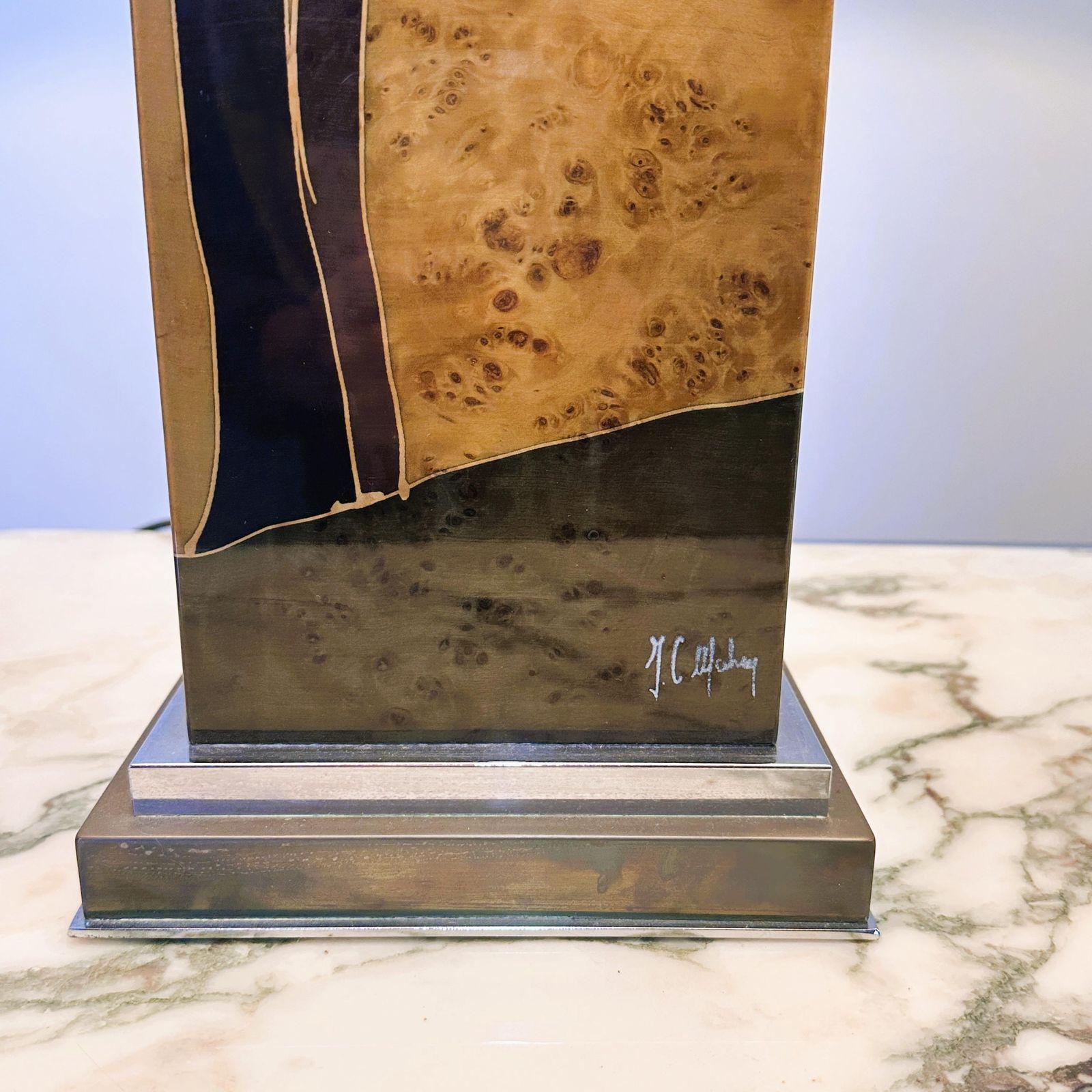 Rare 1970s Jean Claude Mahey Table Lamp In Burl Wood With Abstract Inlay And Original Shade photo Lighting