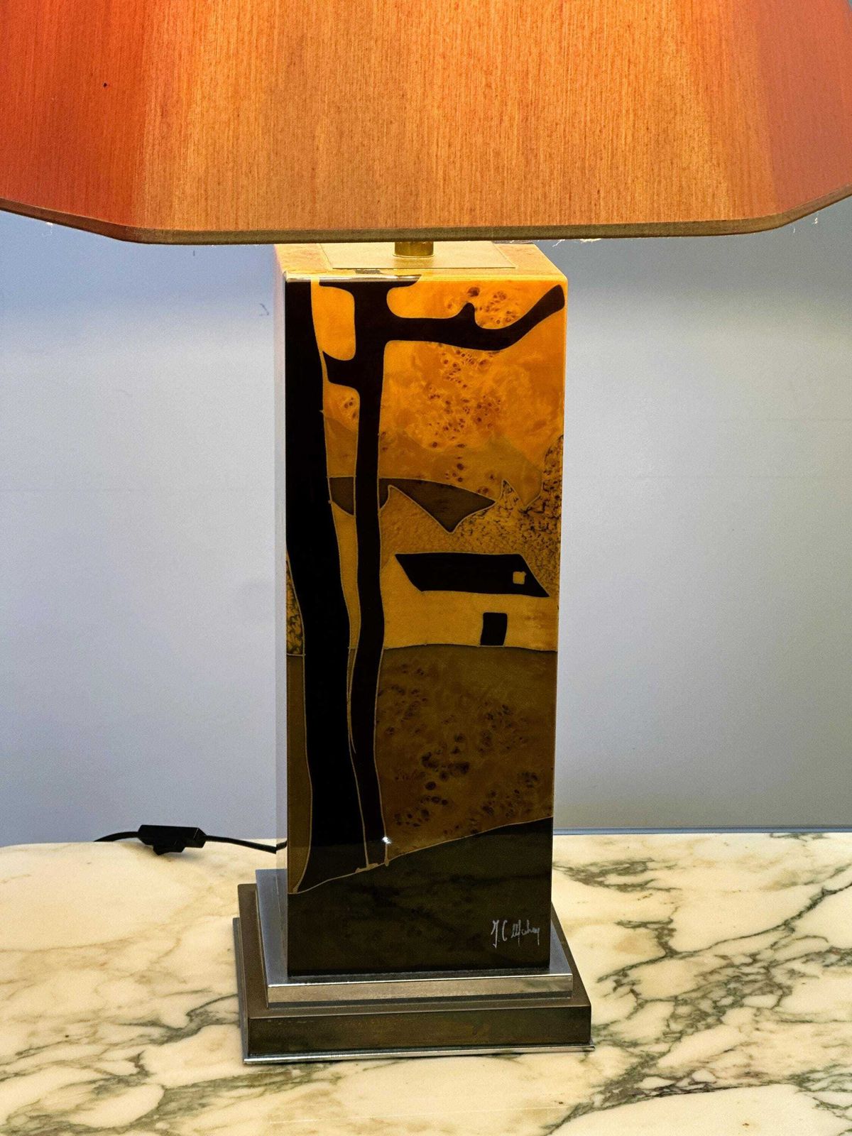 Rare 1970s Jean Claude Mahey Table Lamp In Burl Wood With Abstract Inlay And Original Shade photo 1226.0