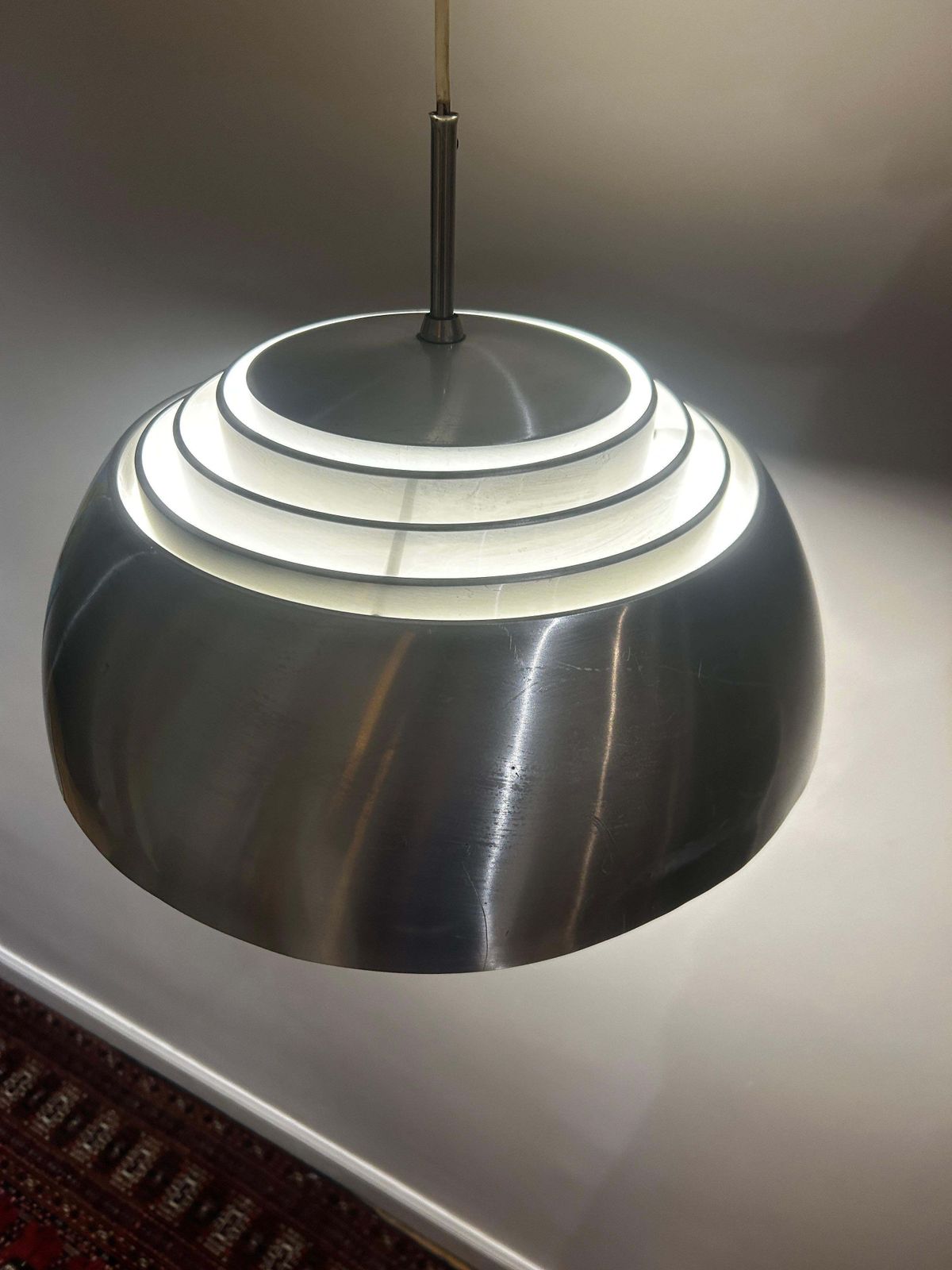 Danish Pendant Light From The 1960s, Polished Aluminum With Opaline Glass Globe photo for sale