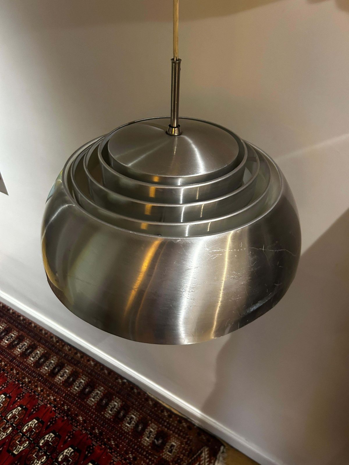 Danish Pendant Light From The 1960s, Polished Aluminum With Opaline Glass Globe photo vinterior
