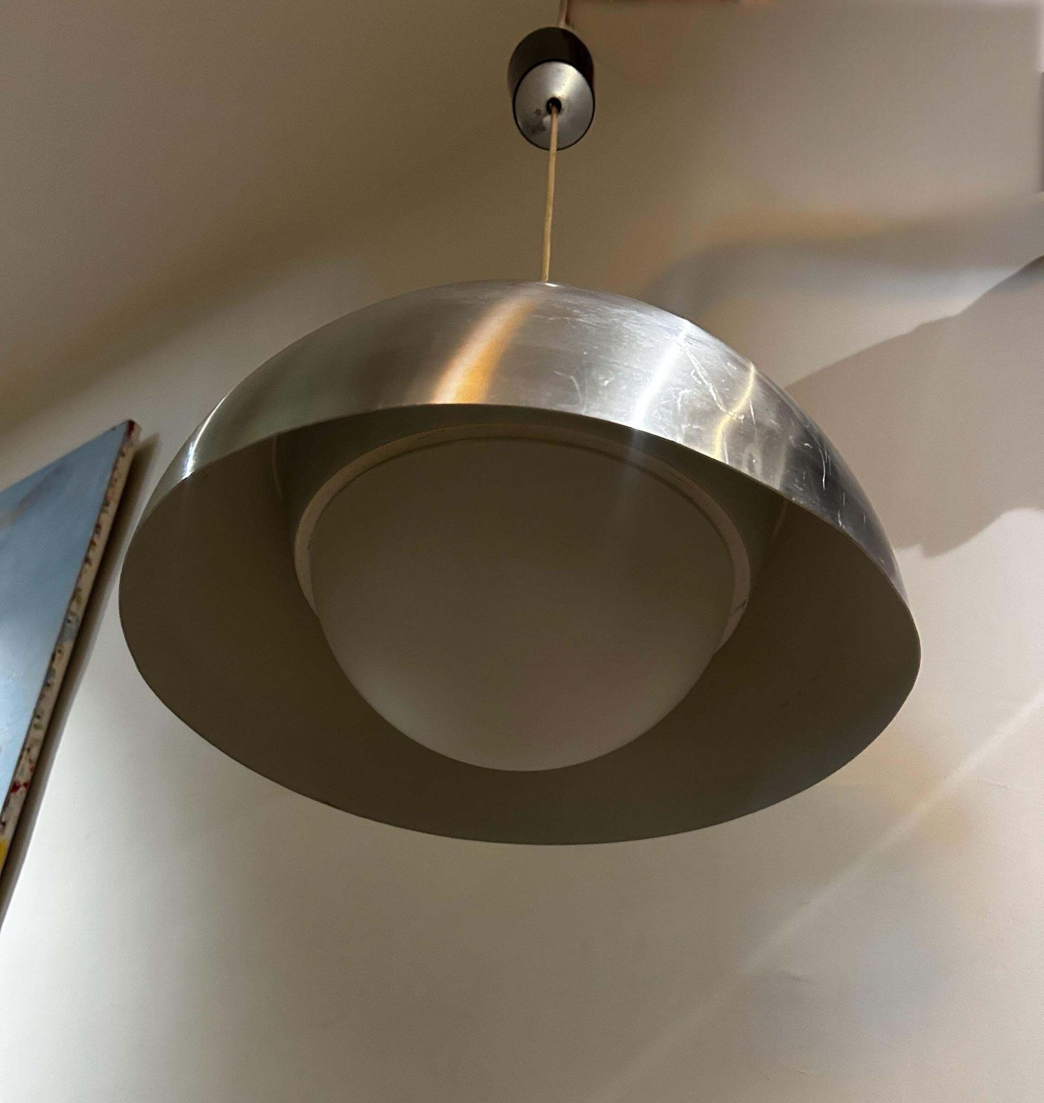 photo furniture Danish Pendant Light From The 1960s, Polished Aluminum With Opaline Glass Globe