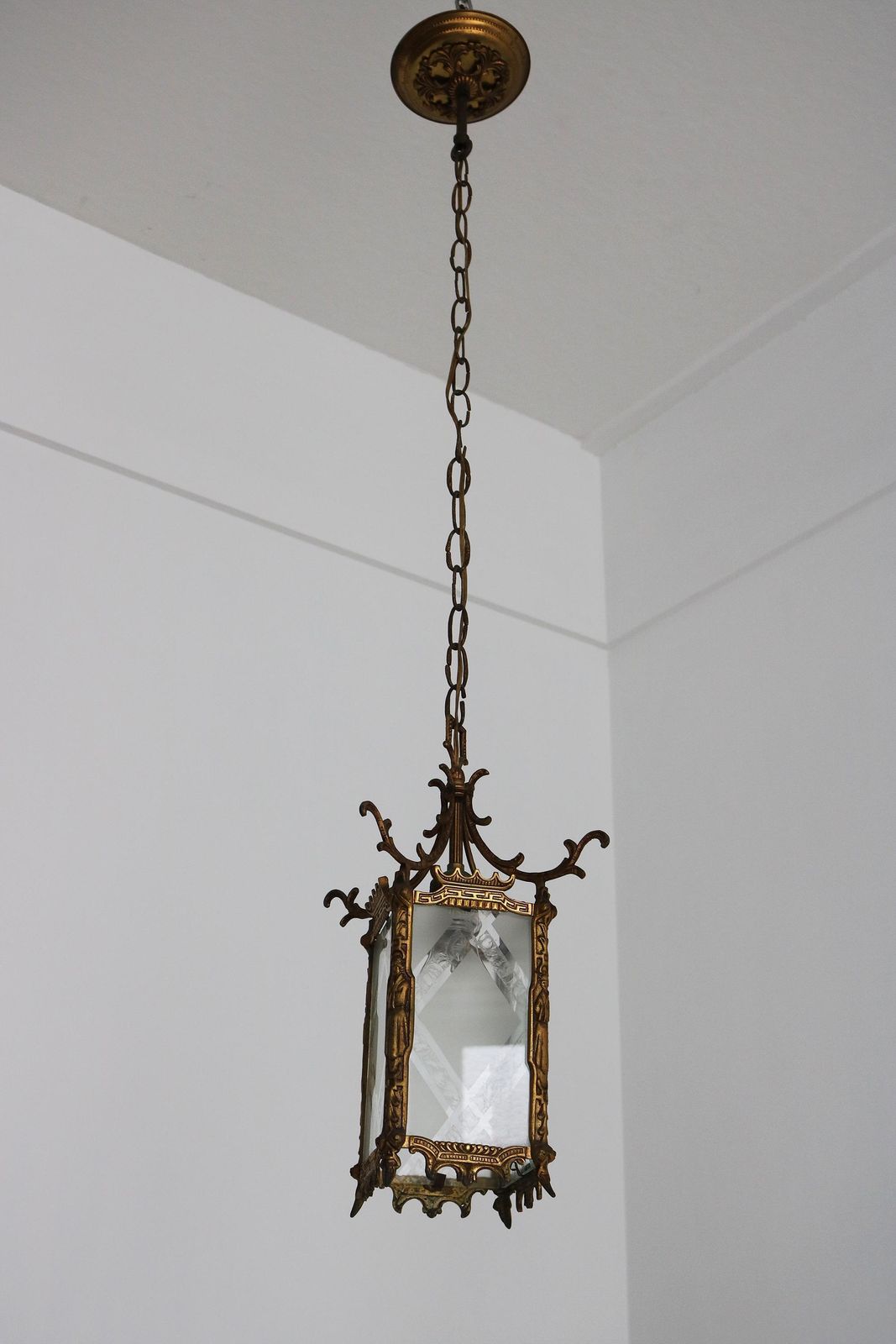 Elegant Antique Brass Etched Glass Hanging Lantern – Japanese / Oriental Inspired Design photo for sale