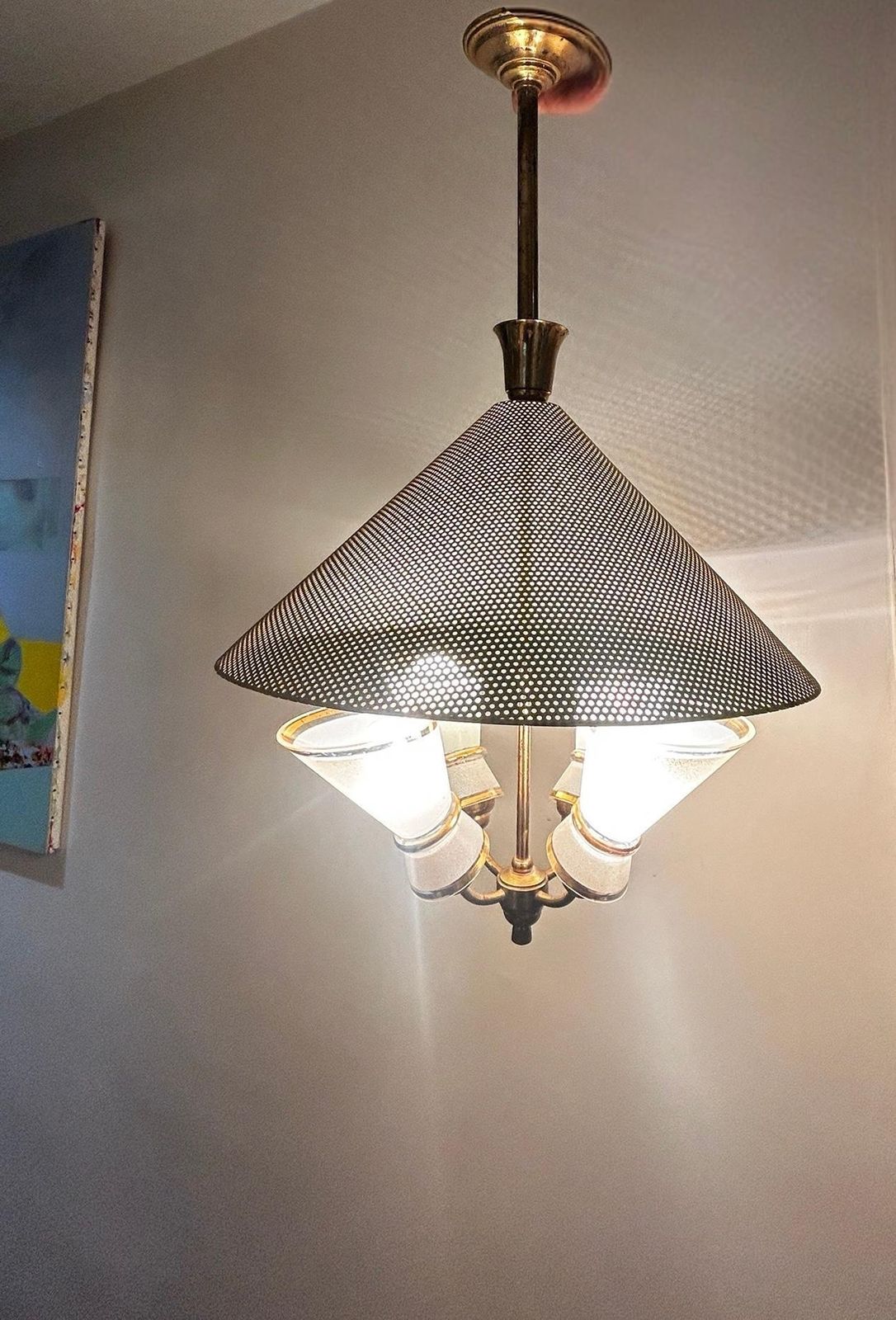 Italian Chandelier From The 1950s Yellow Perforated Metal Brass Frame photo vintage
