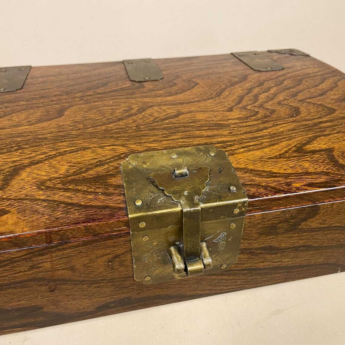 Oriental Wooden Box Trinket Jewellery Storage Keepsake Brown Wood Gold Brass Metal Trims Decoration Rectangle Antique Symbols Inner photo 129.0