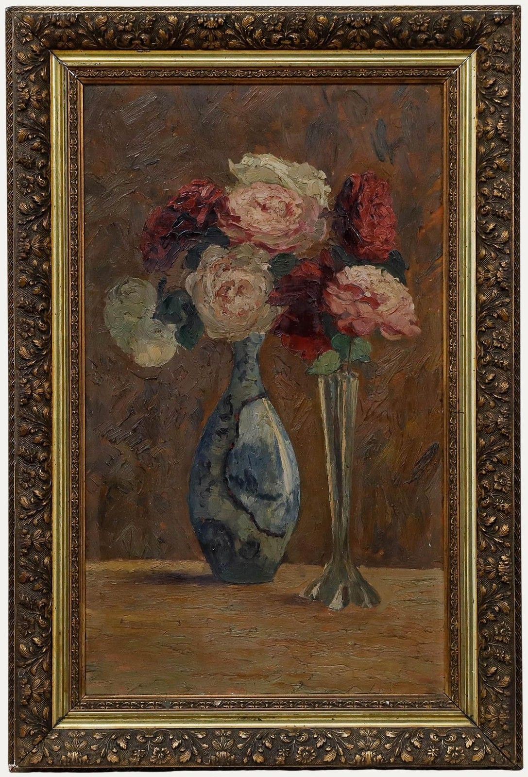Impasto Early 20th Century Oil Still Life Of Roses