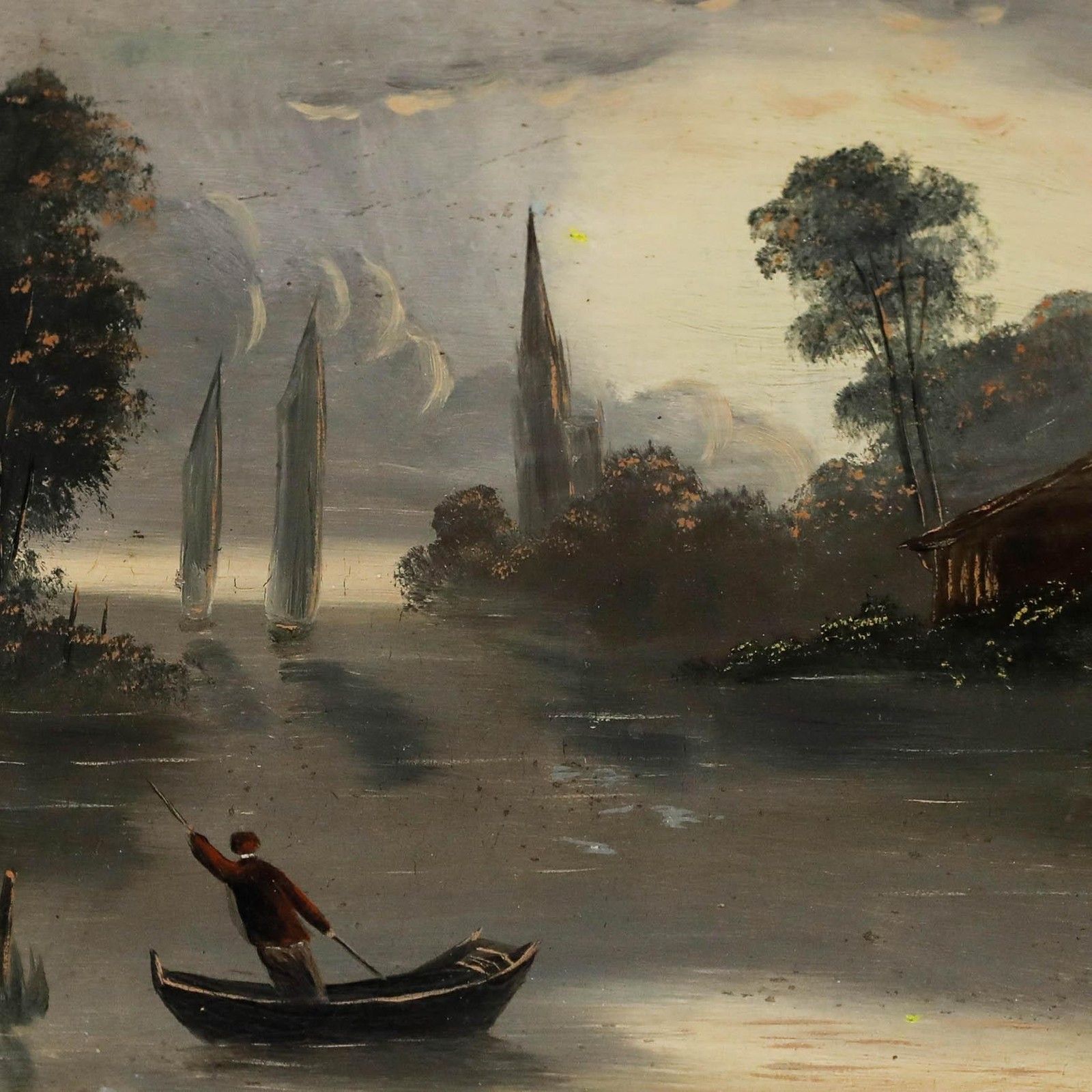 Framed Early 20th Century Oil Boating At Dusk photo Art