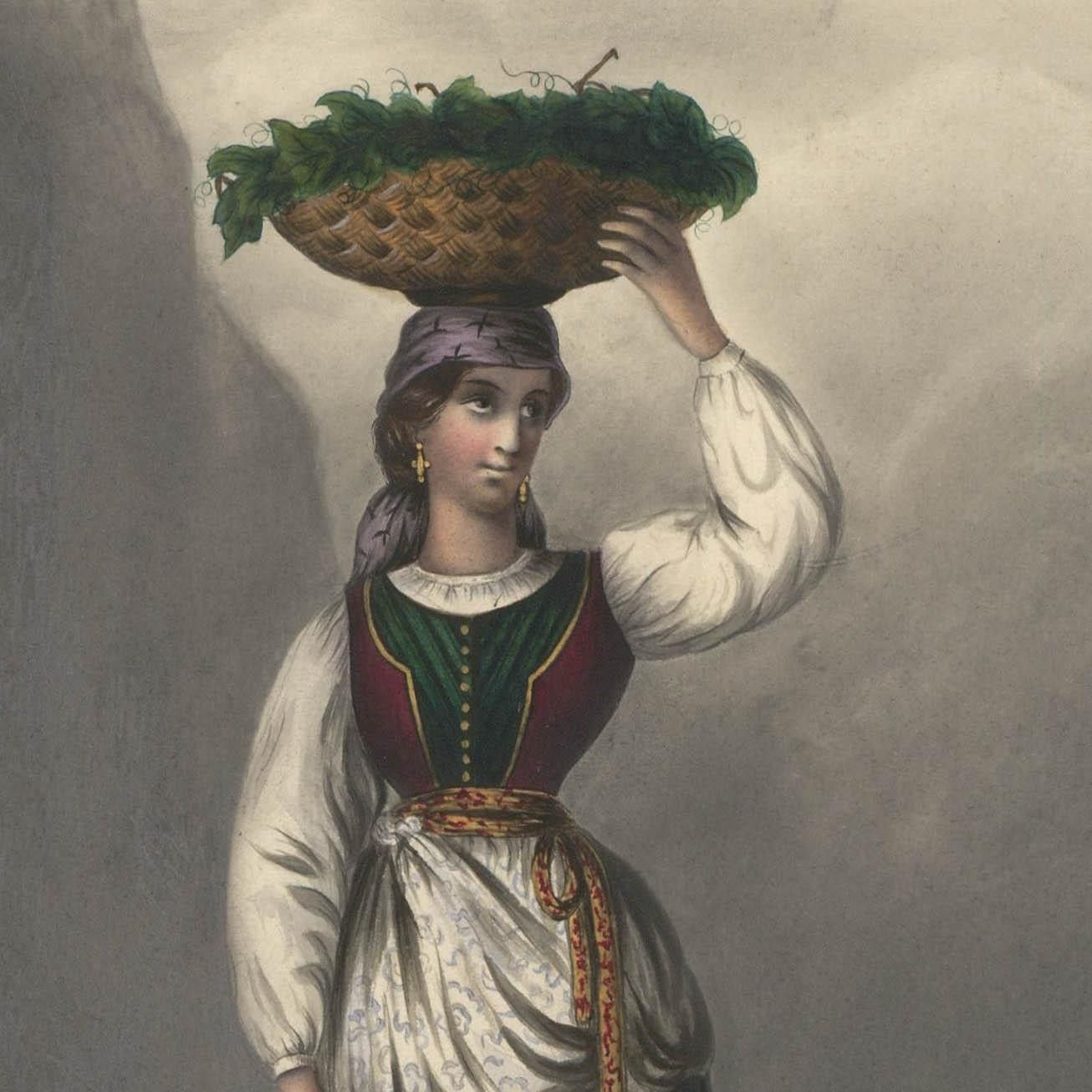 Early 19th Century Watercolour Woman Carrying Basket photo for sale
