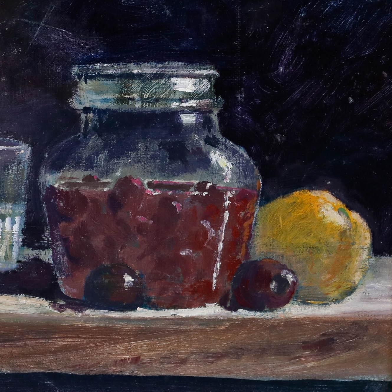 Arvind Limaye Framed 20th Century Oil, Study Of Glass Bottles & Fruit photo 395.0
