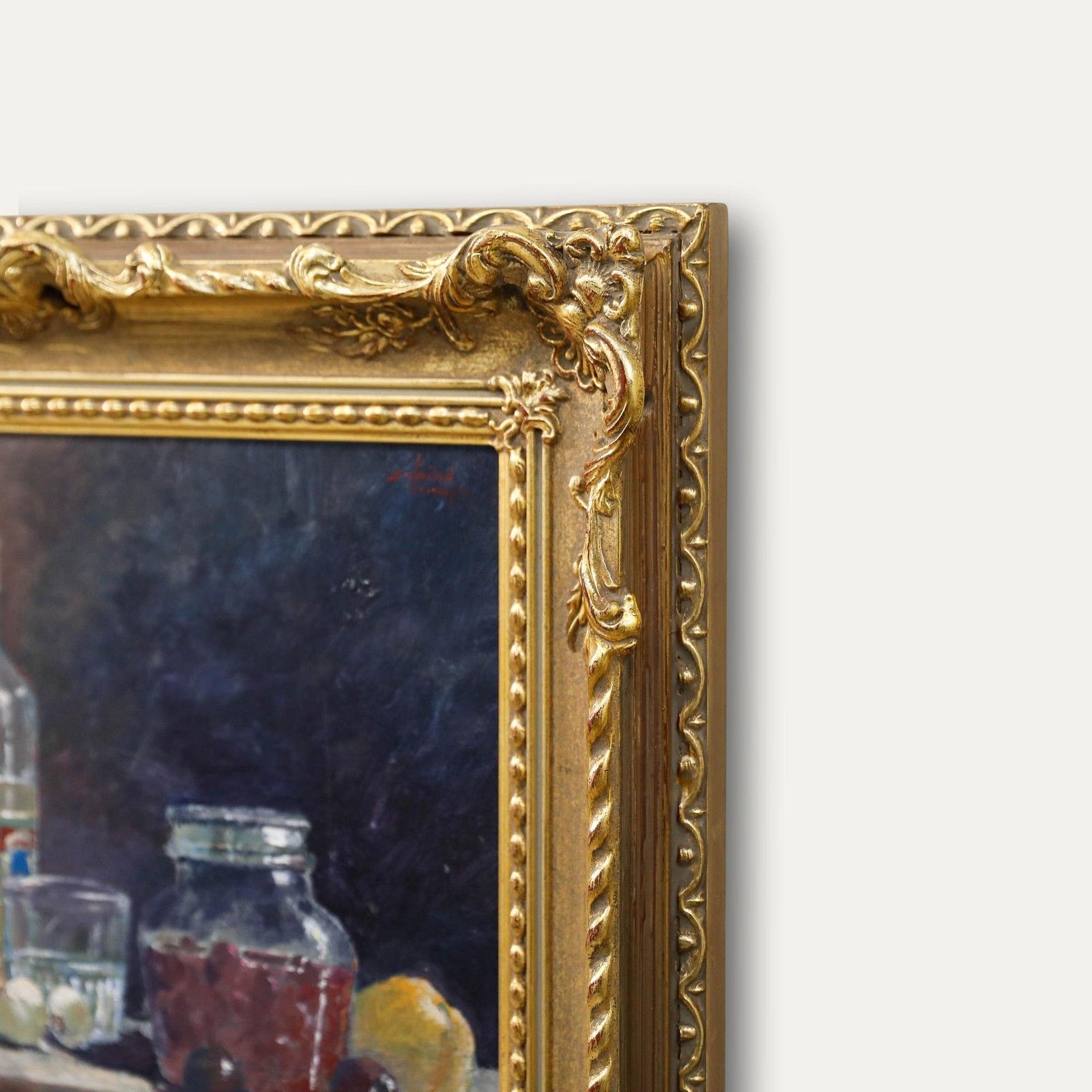 Arvind Limaye Framed 20th Century Oil, Study Of Glass Bottles & Fruit photo vinterior