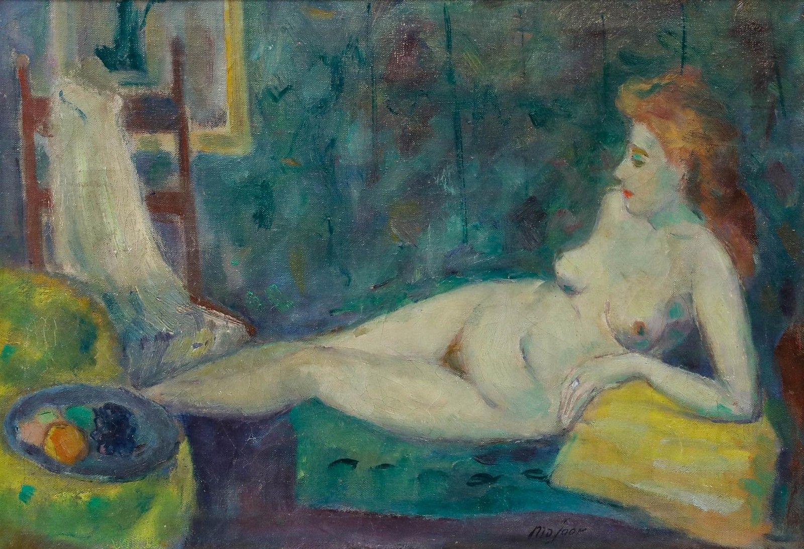 Majoor Framed Mid 20th Century Oil, Reclining By The Fruit Bowl photo furniture
