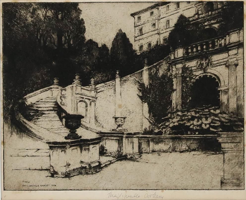 May Louise Greville Cooksey (1878 1943) Framed Etching, Villa D'este, Tivoli photo furniture