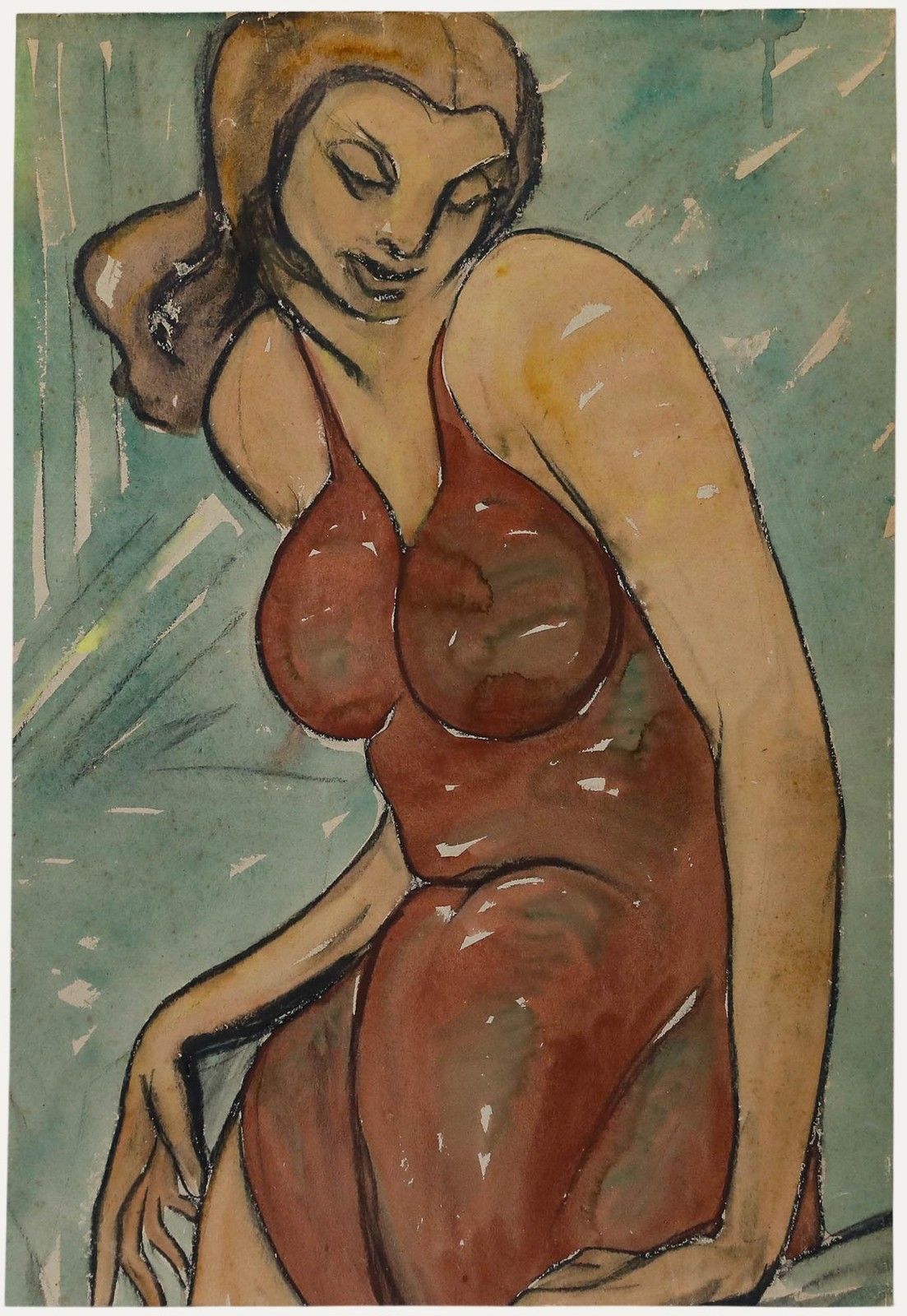 Mid 20th Century Watercolour Lady In A Red Dress
