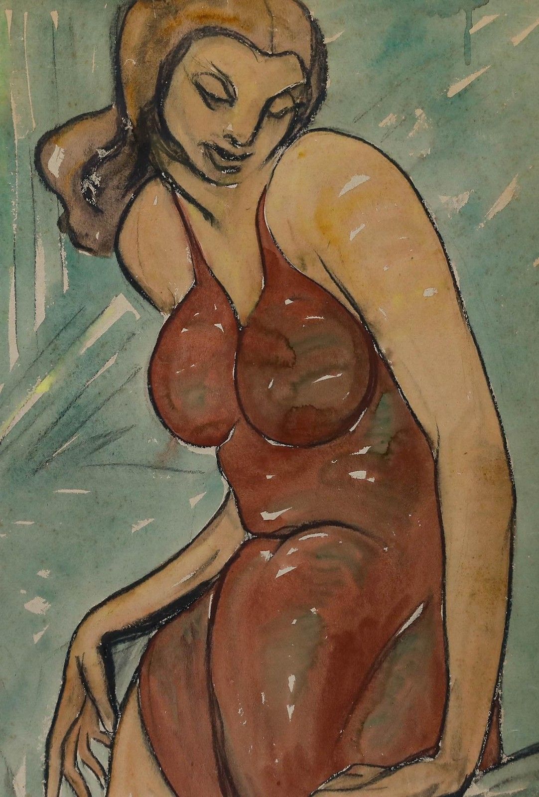 Mid 20th Century Watercolour Lady In A Red Dress photo furniture