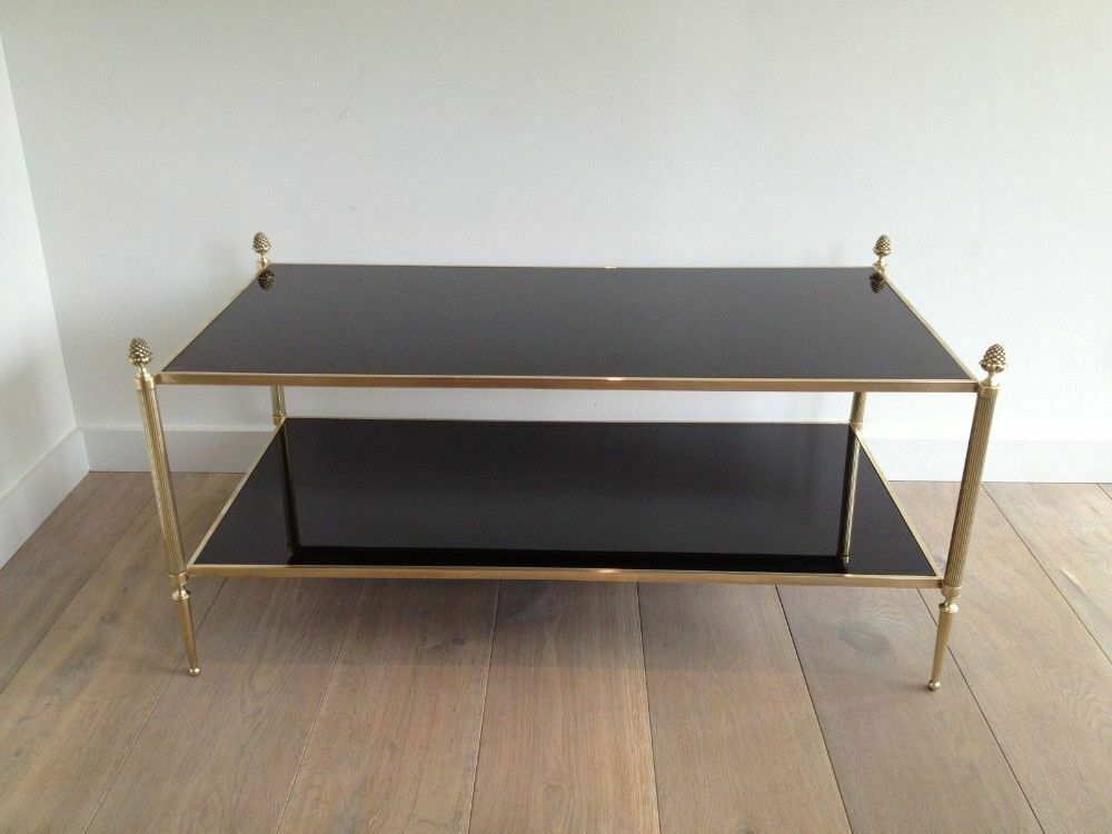 Neoclassical Style Coffee Table In Bronze, Brass And Black Lacquered Glass Tops From Maison Baguès