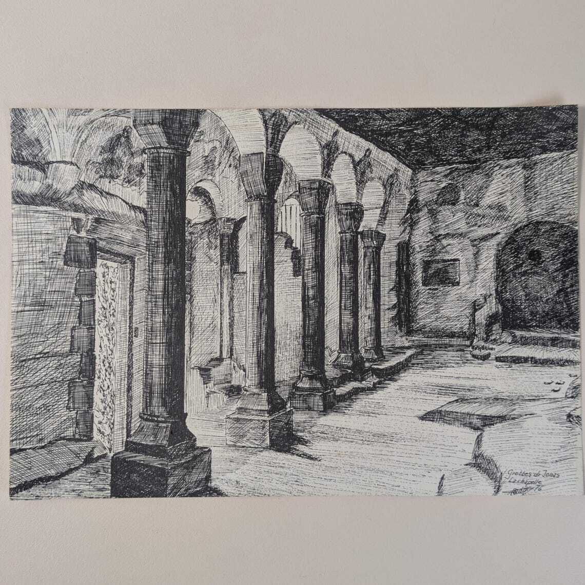 Vintage French Radu Etching Grotto Of Jonas, Auvergne, France, Troglodyte Chapel, Architecture Art