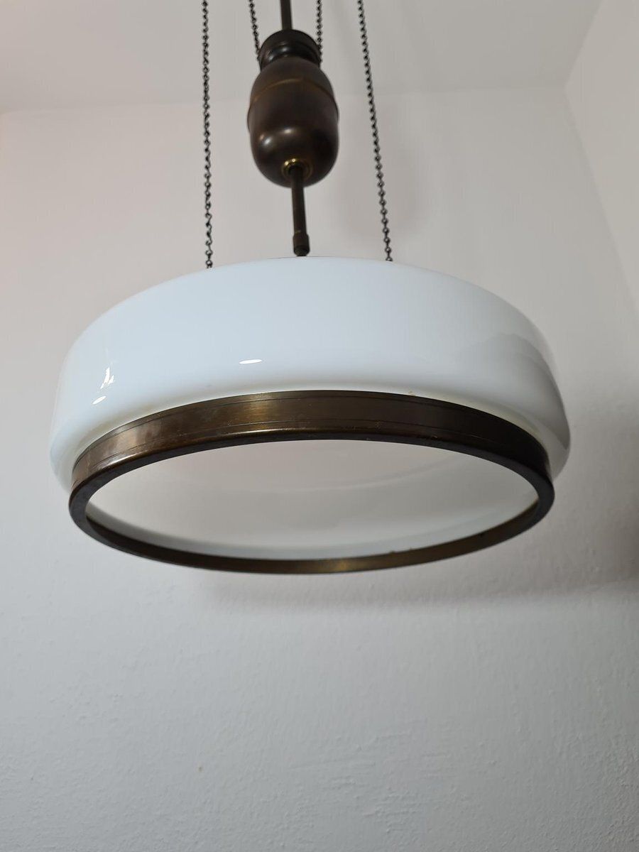 Art Deco Adjustable Pendant Lamp In Brass And Opal Glass, 1930s 1940s photo vintage