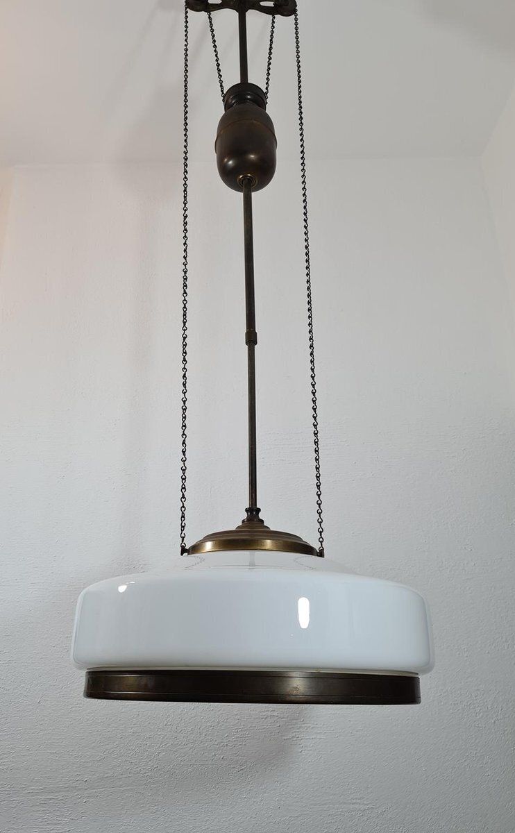 Lighting Art Deco Adjustable Pendant Lamp In Brass And Opal Glass, 1930s 1940s photo