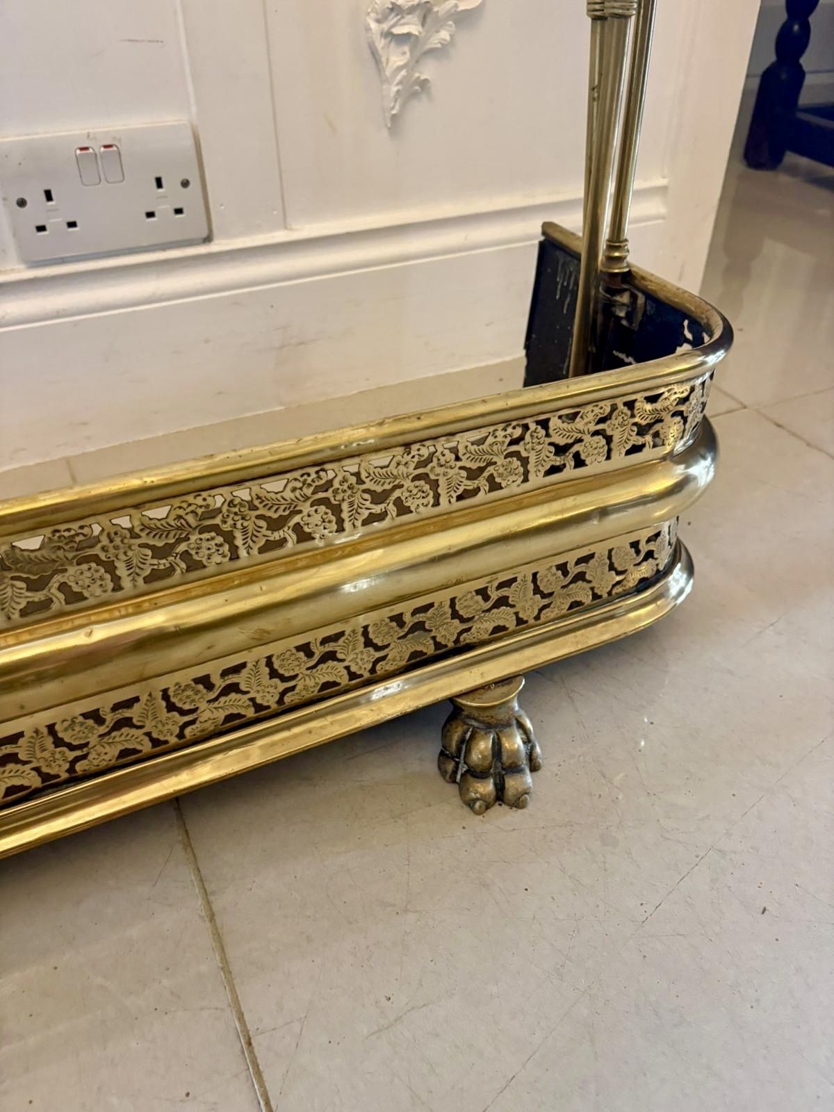Unusual And Rare Quality Antique Regency Brass Fender With Original Fire Irons photo furniture