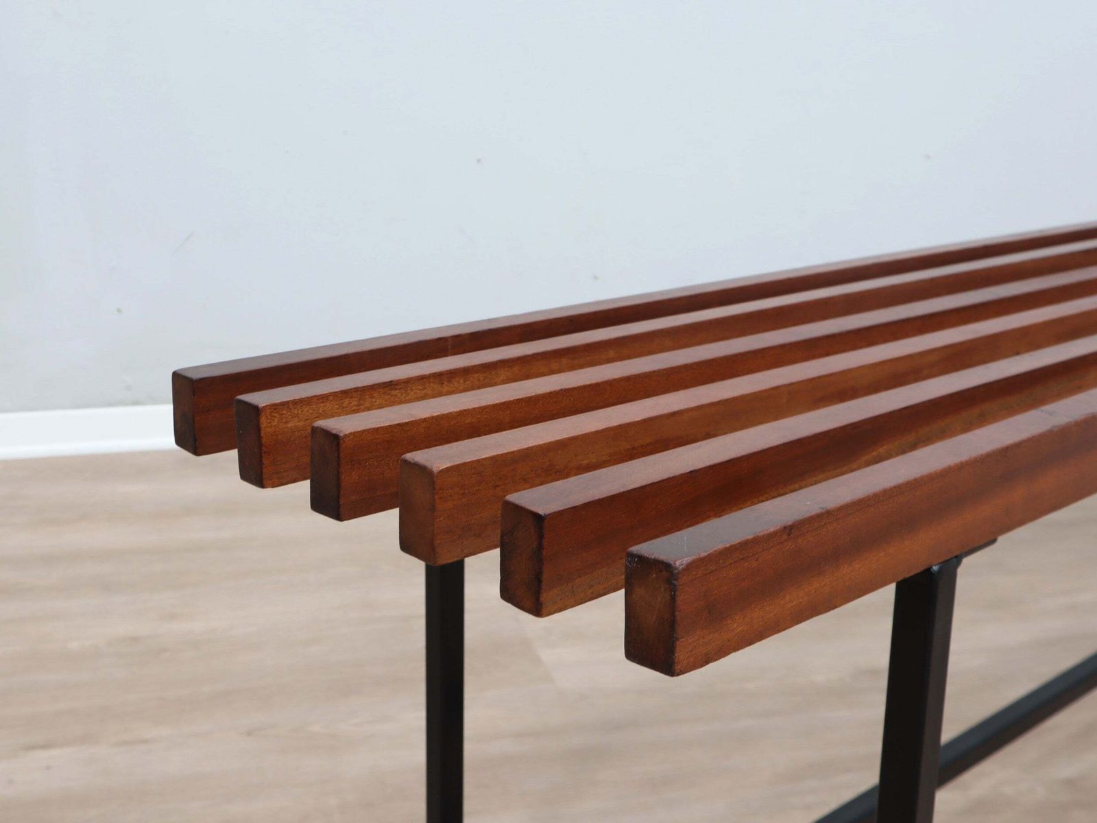 Mid Century Slatted Teak Bench With Iron Frame Italy 1950s photo for sale