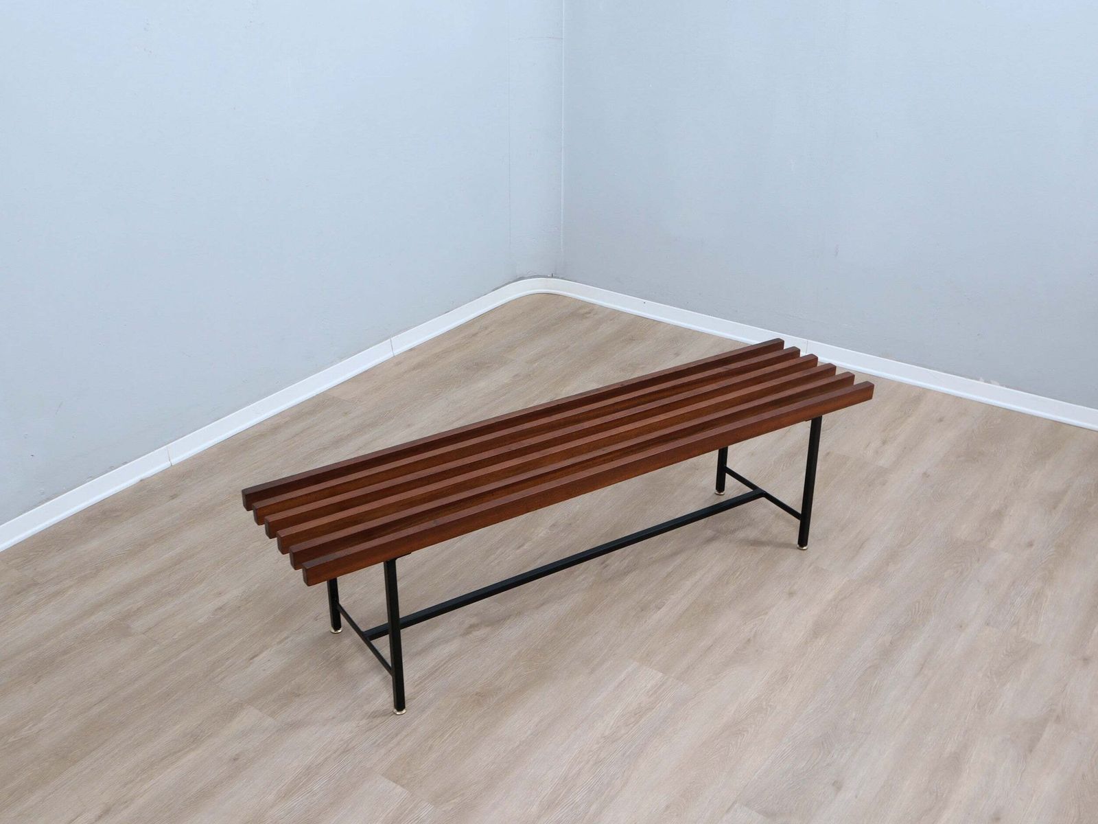 Mid Century Slatted Teak Bench With Iron Frame Italy 1950s photo Furniture