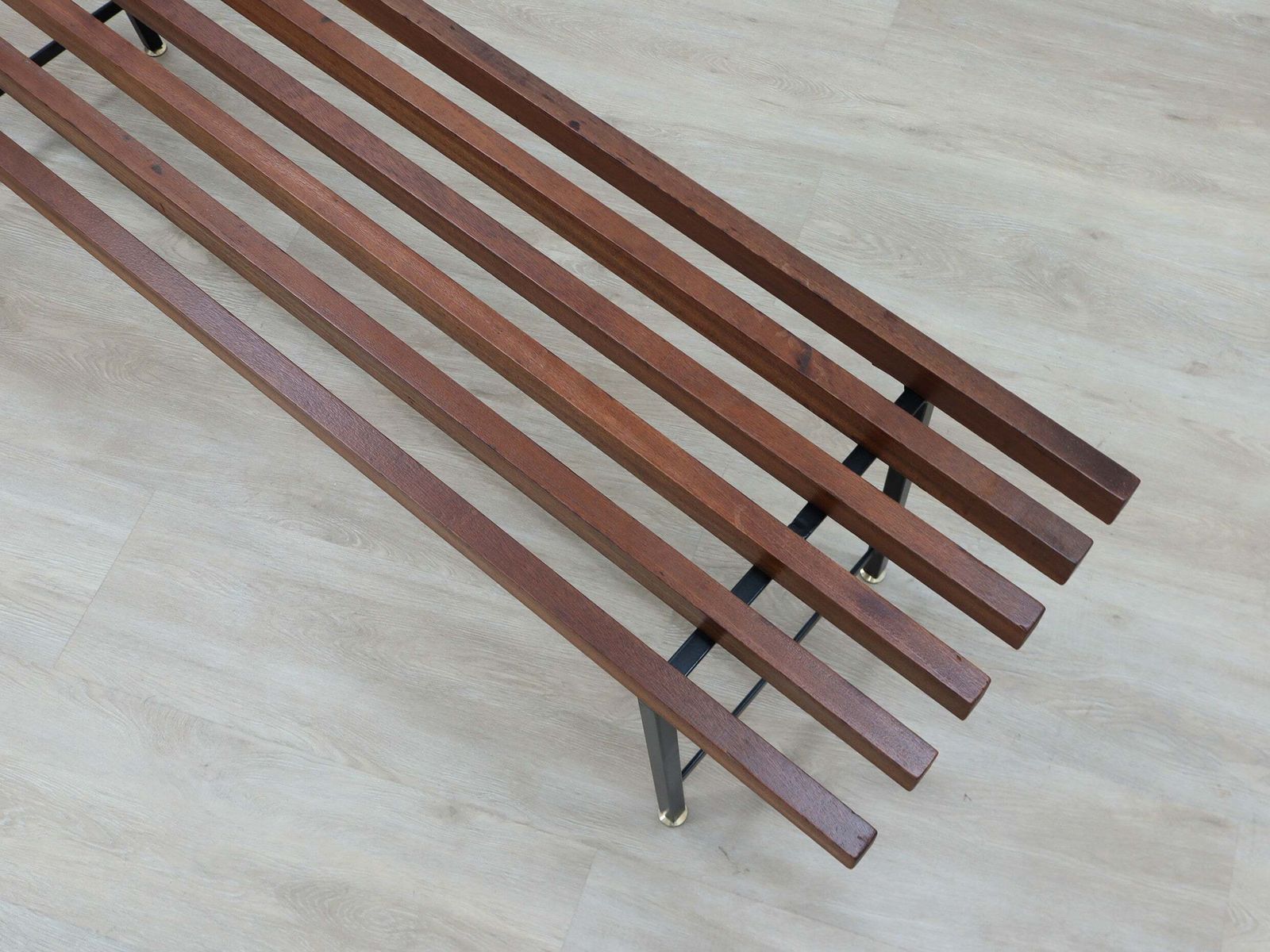 Mid Century Slatted Teak Bench With Iron Frame Italy 1950s photo vintage