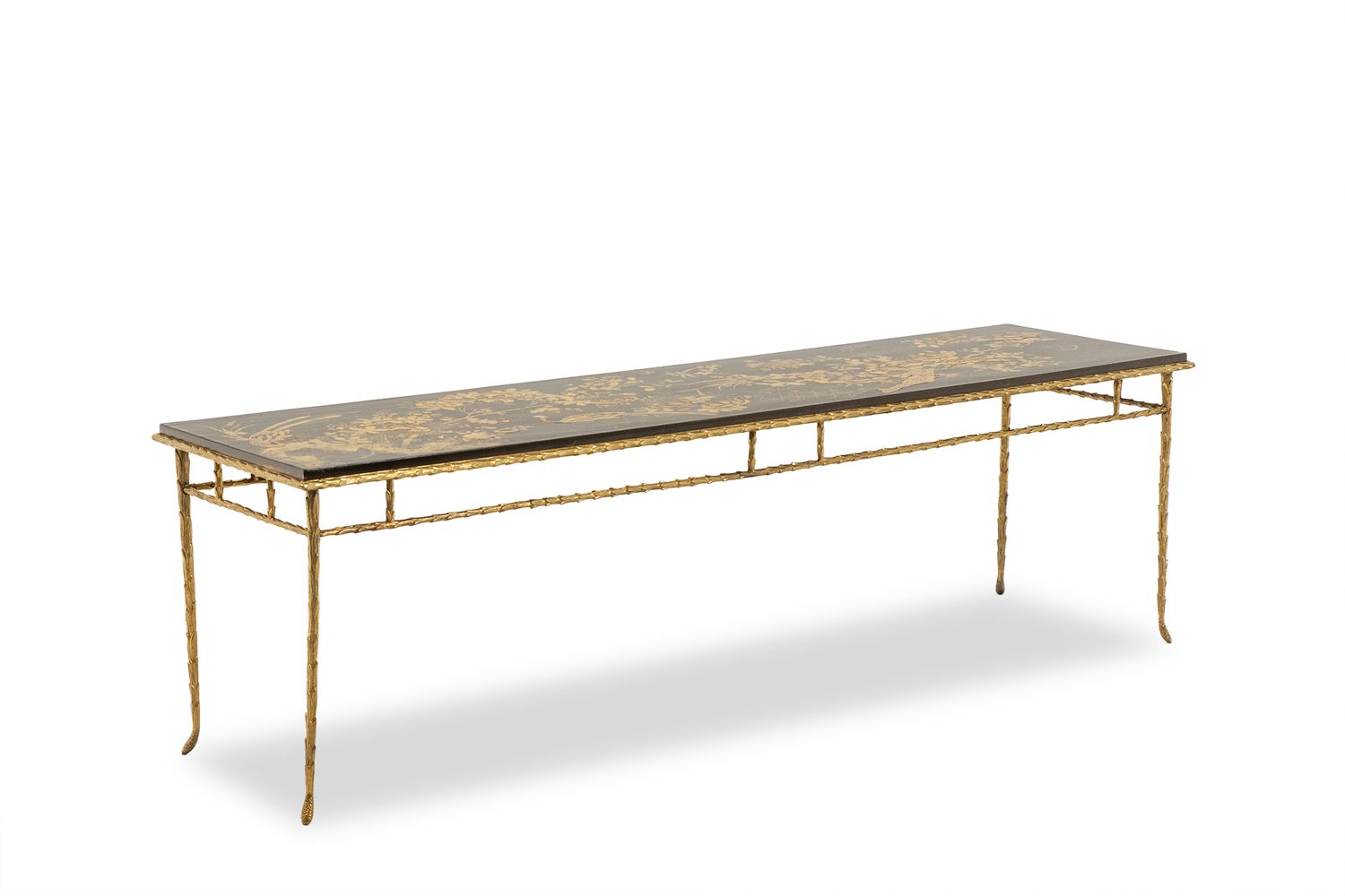 Maison Baguès. Coffee Table In Bronze, Black Lacquer, Gold Decoration. Circa 1970