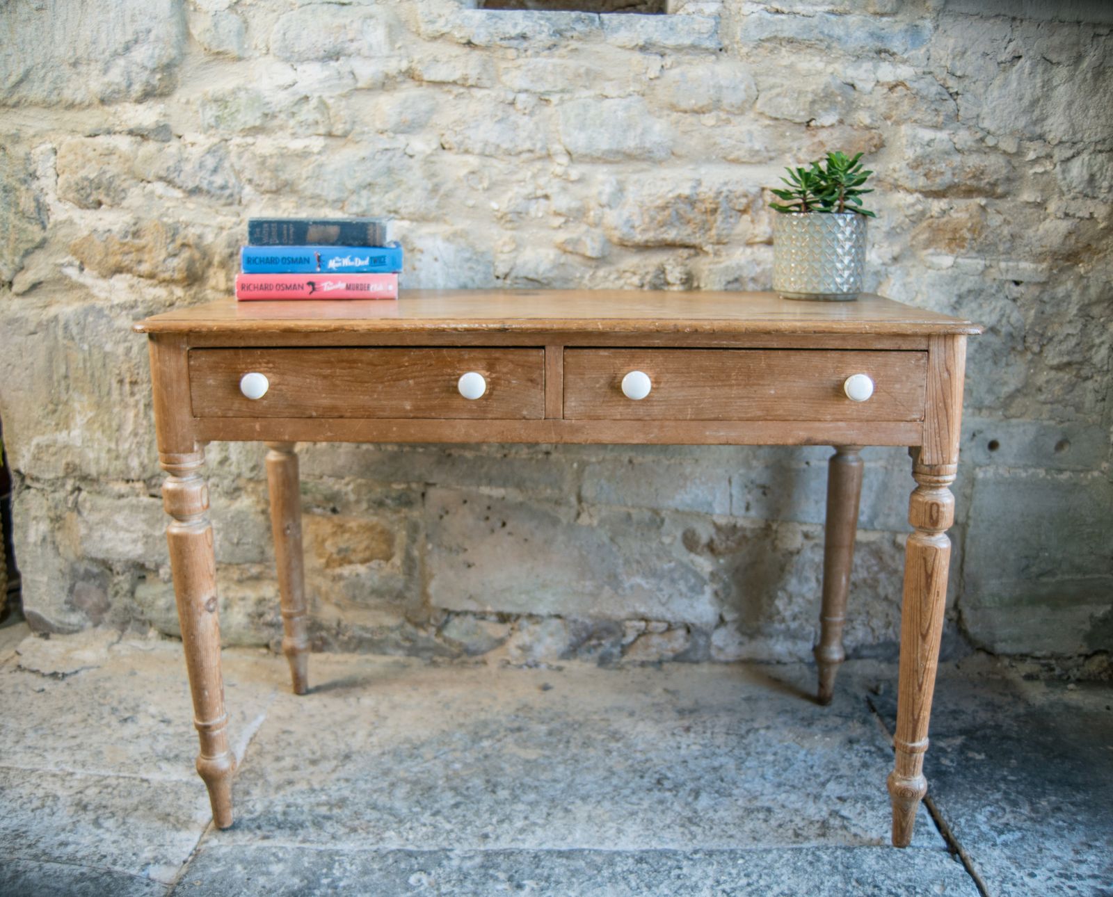 Antique Pine Console With Drawers & White Knobs   Farmhouse Style photo buy