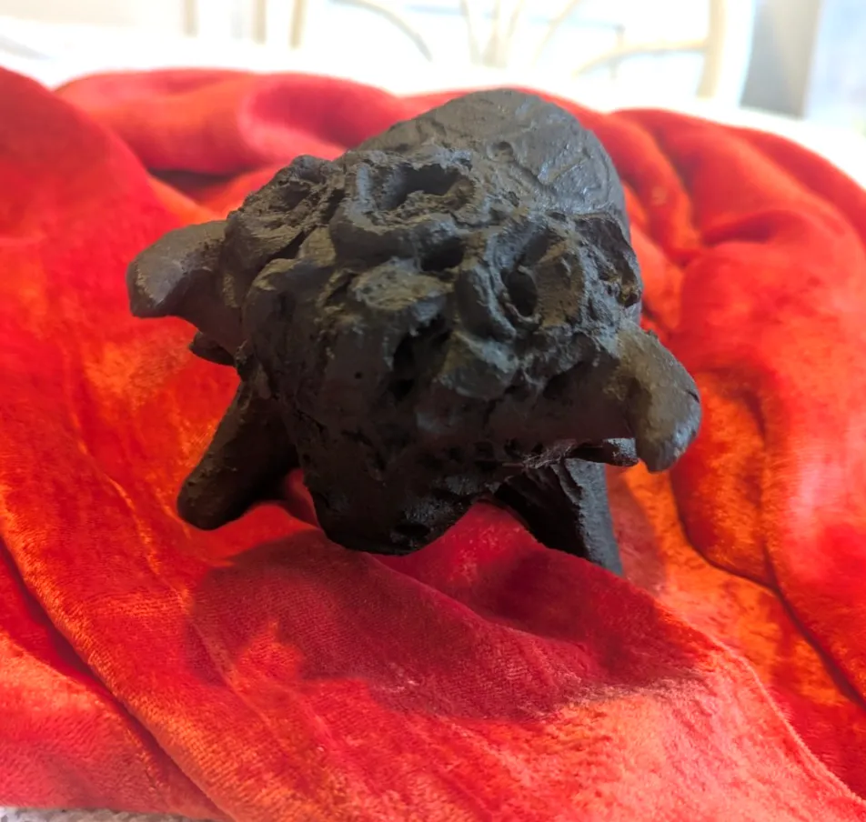 Vintage Mid Century Gothic Hand Made Bull Sculpture Matt Black Clay photo furniture