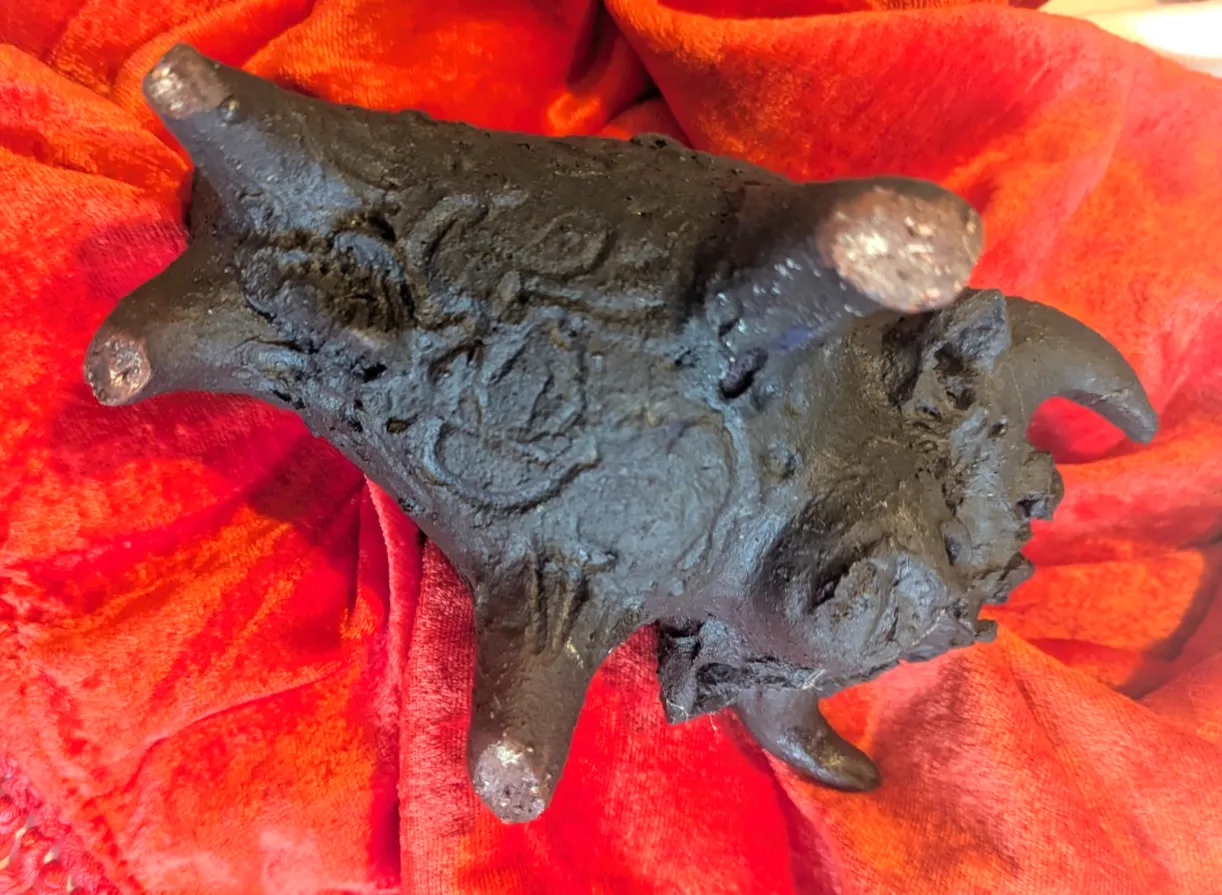 photo for sale Vintage Mid Century Gothic Hand Made Bull Sculpture Matt Black Clay