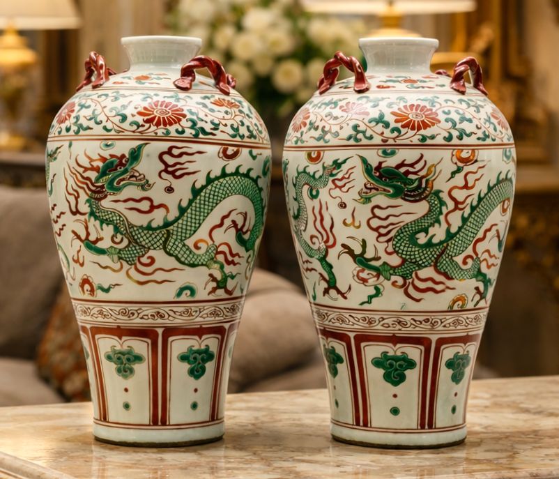 Pair Chinese Dragon Vases Large Porcelain Meiping Ming Iron Red & Enamelled photo furniture