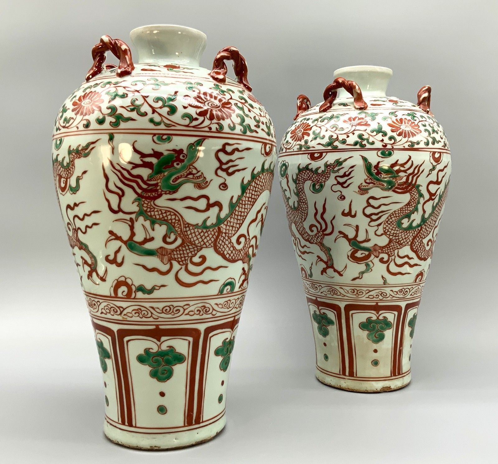 Pair Chinese Dragon Vases Large Porcelain Meiping Ming Iron Red & Enamelled photo Home Decor