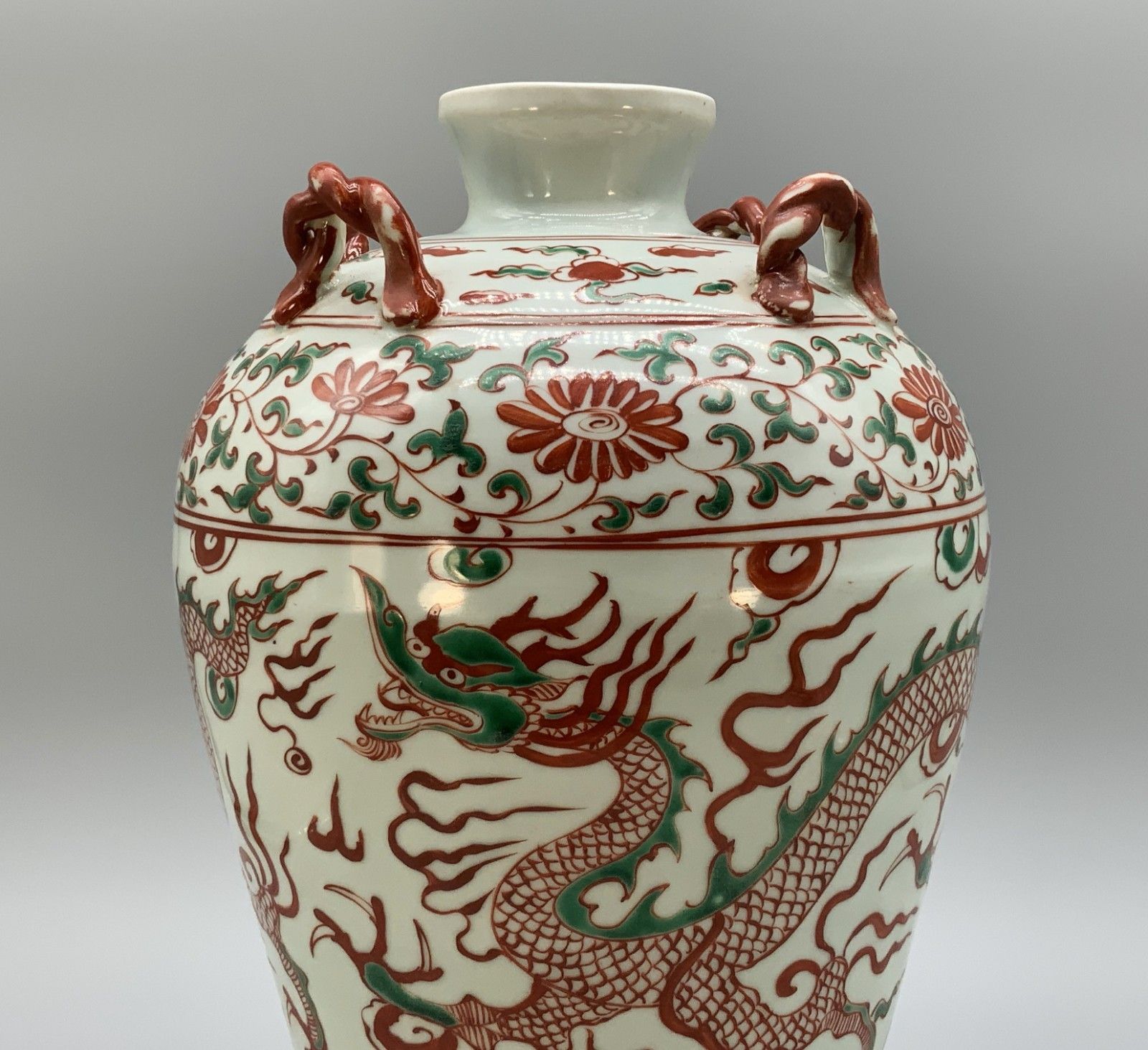 Pair Chinese Dragon Vases Large Porcelain Meiping Ming Iron Red & Enamelled photo buy