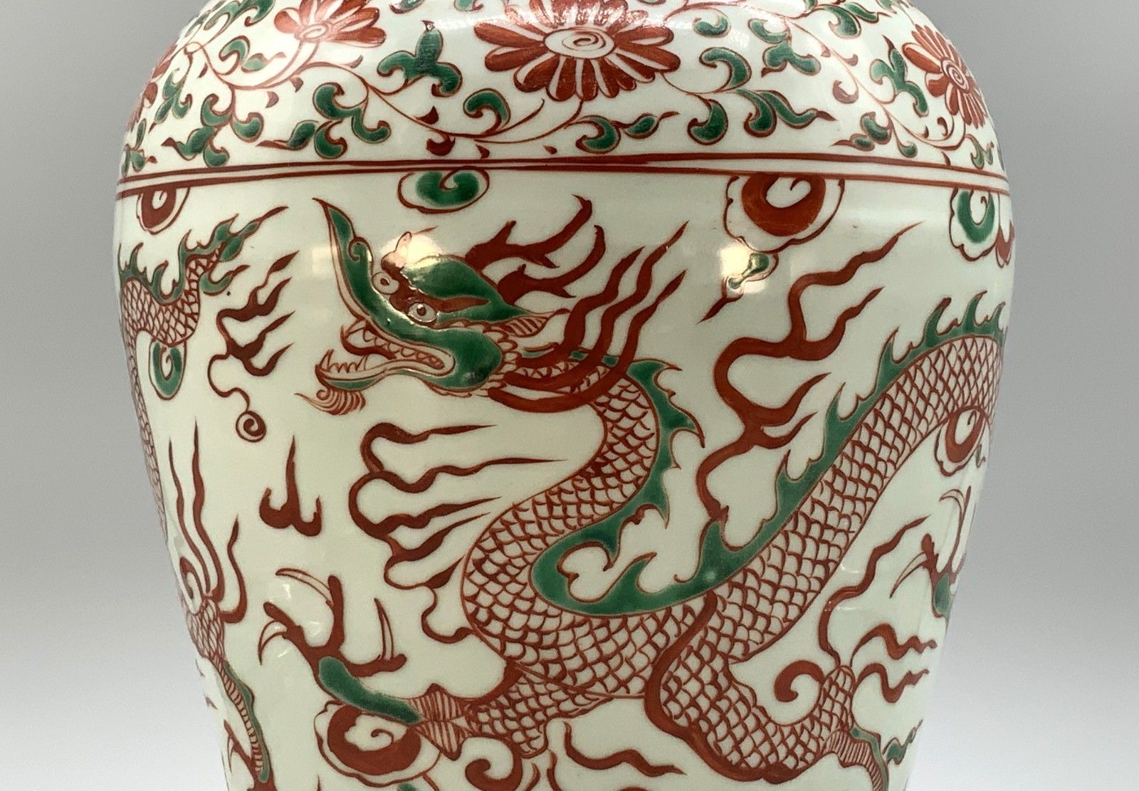 photo for sale Pair Chinese Dragon Vases Large Porcelain Meiping Ming Iron Red & Enamelled