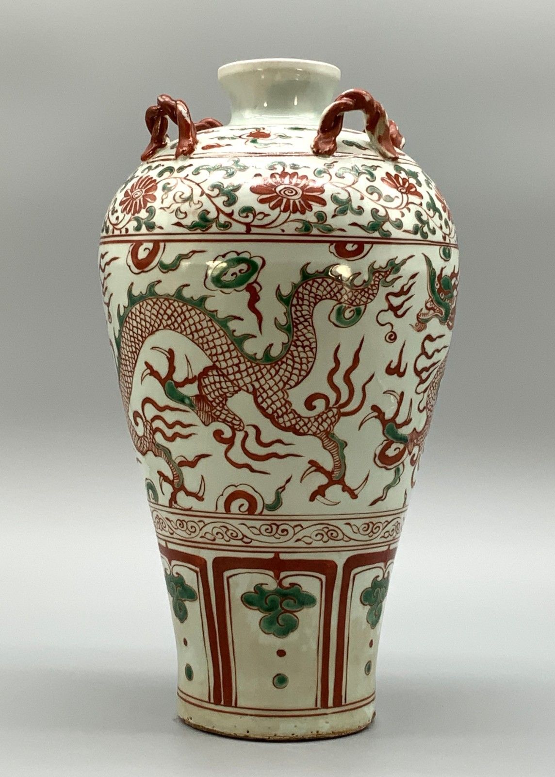 Home Decor Pair Chinese Dragon Vases Large Porcelain Meiping Ming Iron Red & Enamelled photo
