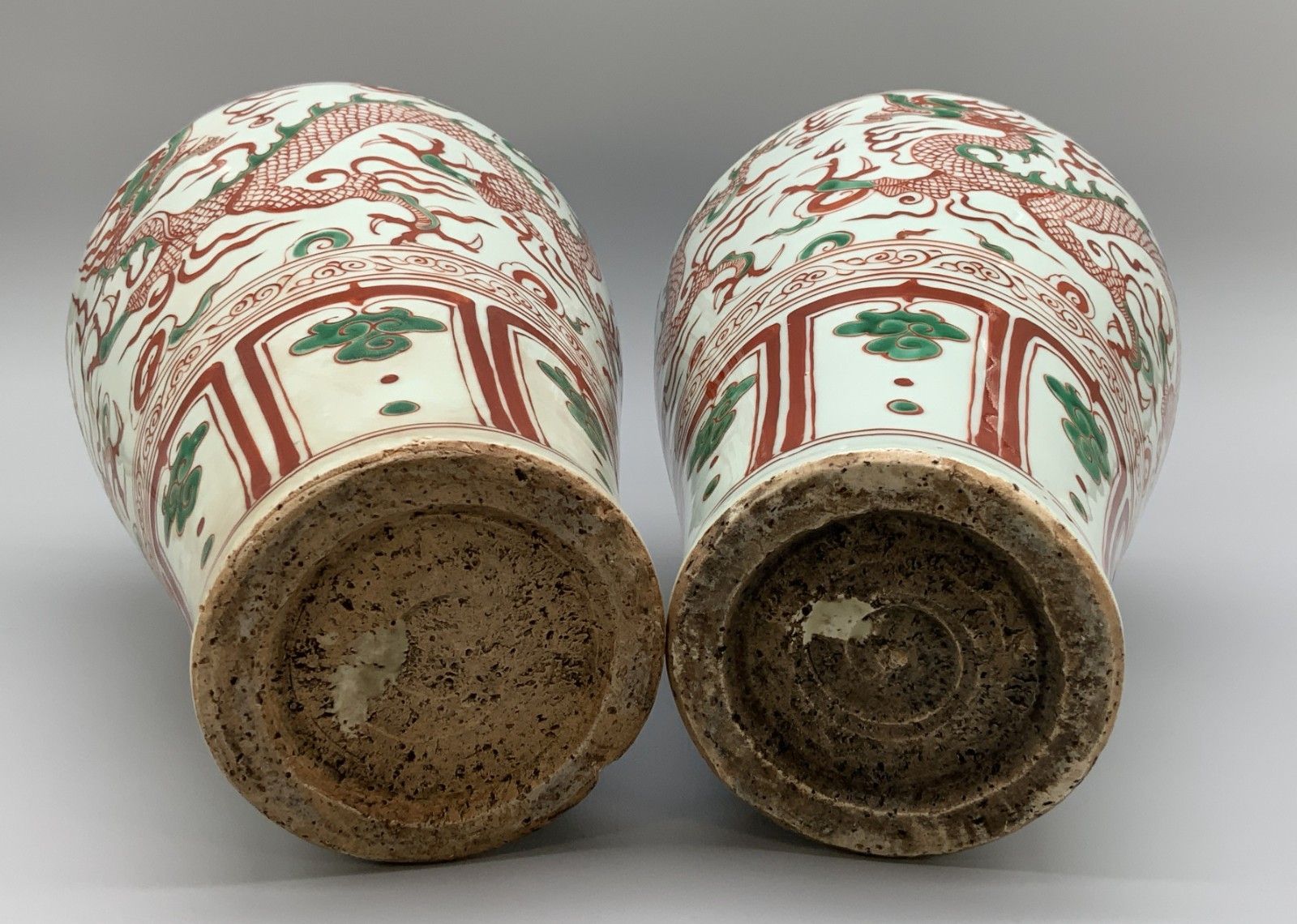 photo buy Pair Chinese Dragon Vases Large Porcelain Meiping Ming Iron Red & Enamelled