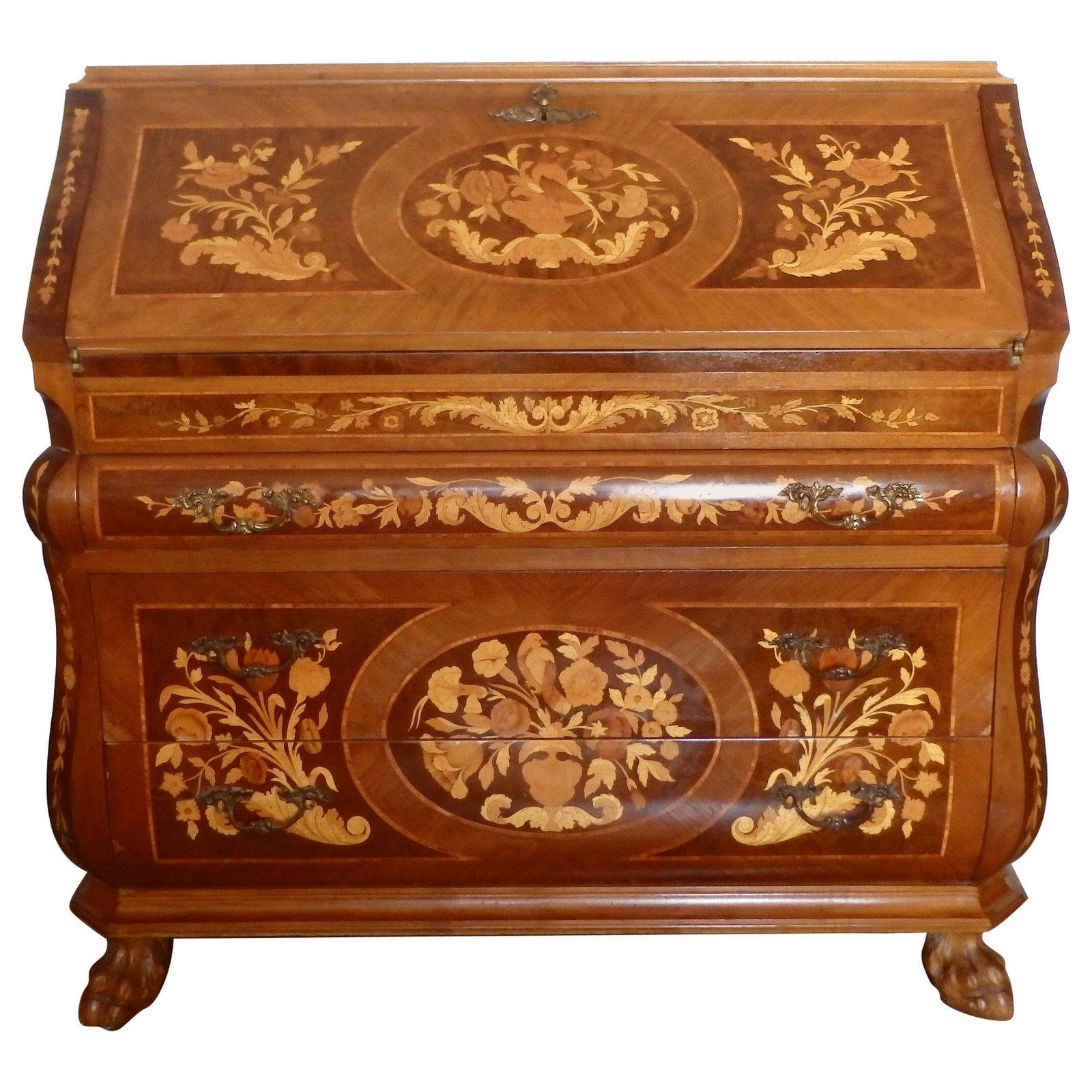 Ladies' Secretary Desk With Rich Floral And Bird Inlays And Many Drawers