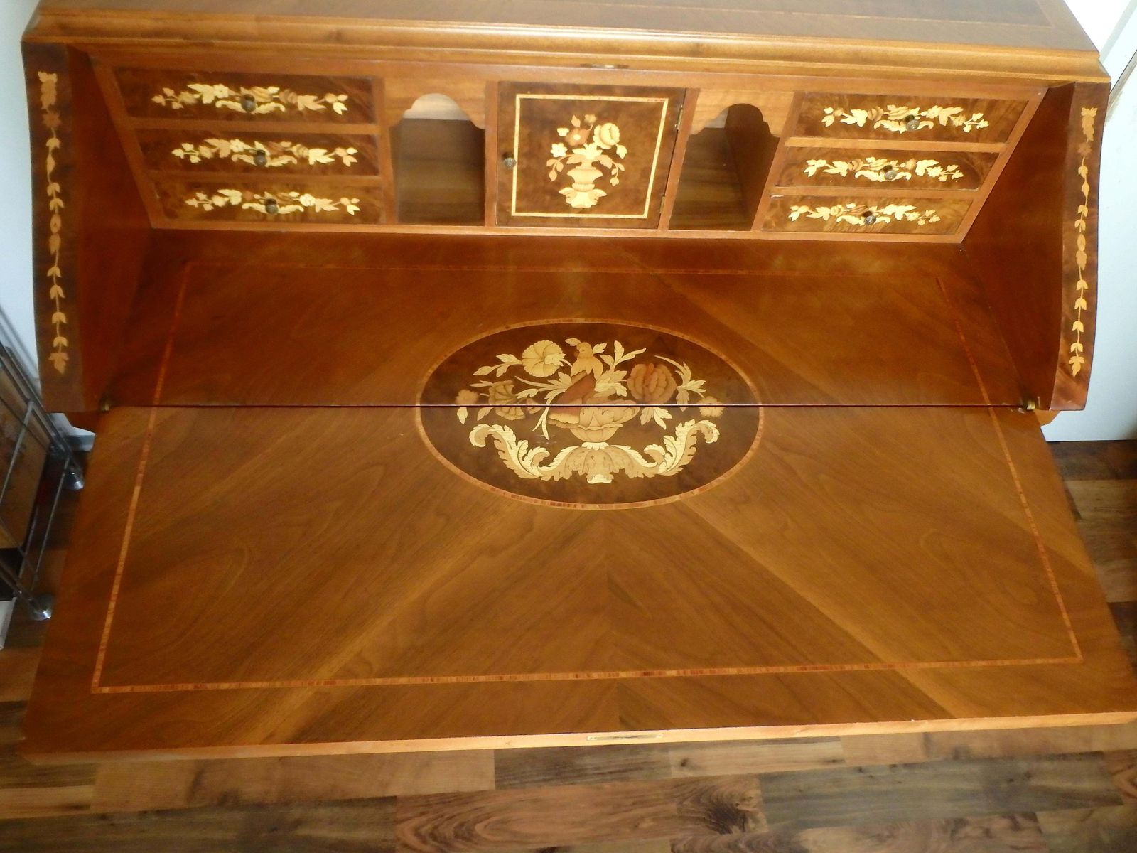 Ladies' Secretary Desk With Rich Floral And Bird Inlays And Many Drawers photo vintage