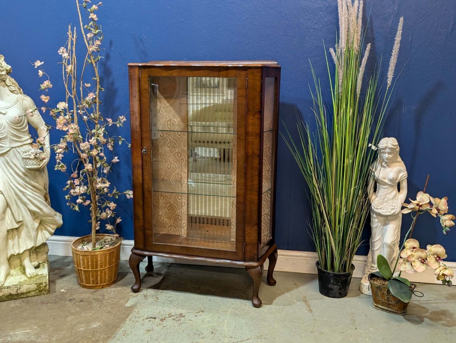 Vintage Glazed Walnut Veneer Display Cabinet China Antique Glass Serpentine