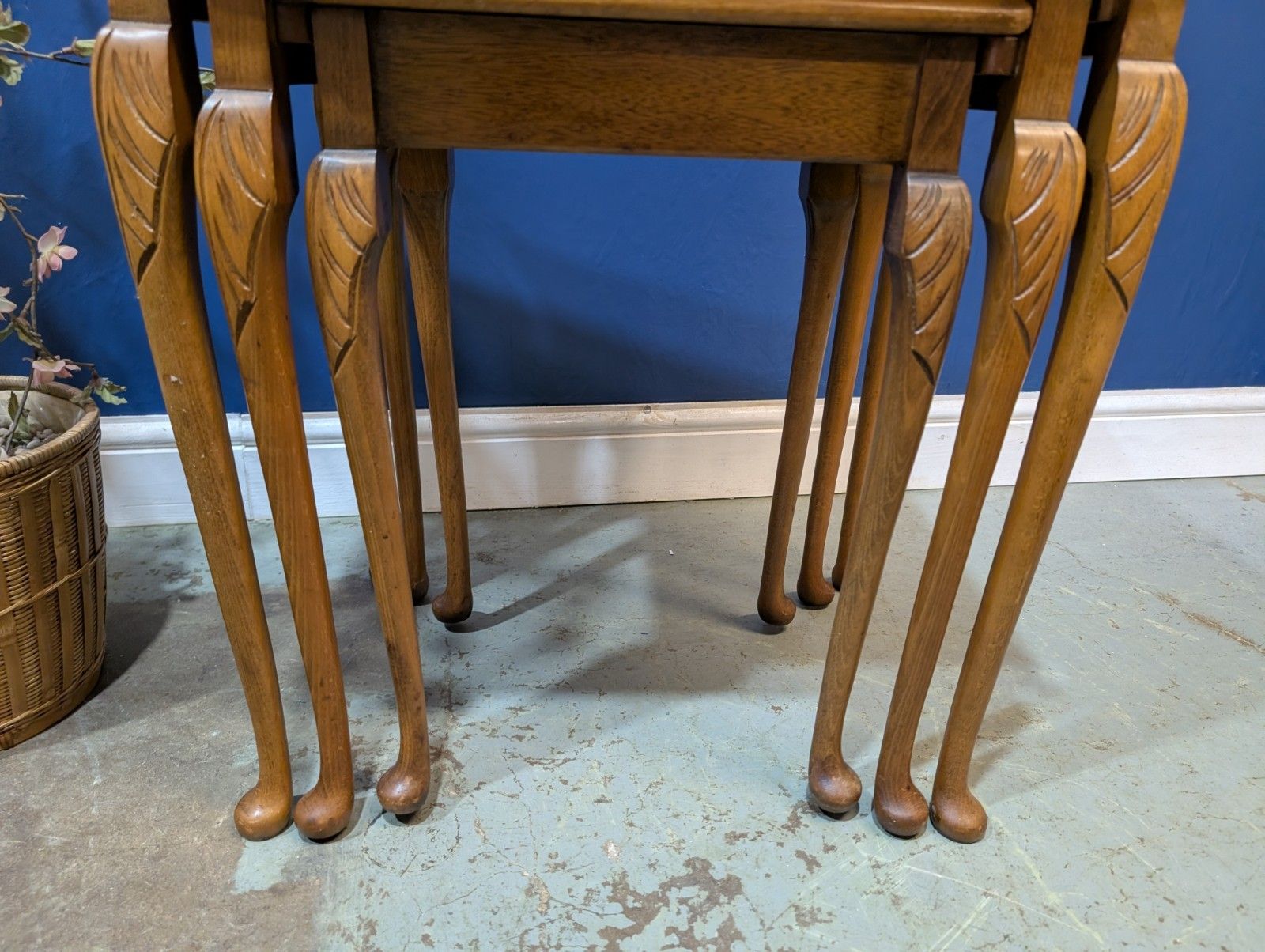Vintage Nest Of Tables Queen Anne Legs With Glass Top Walnut Veneer photo for sale