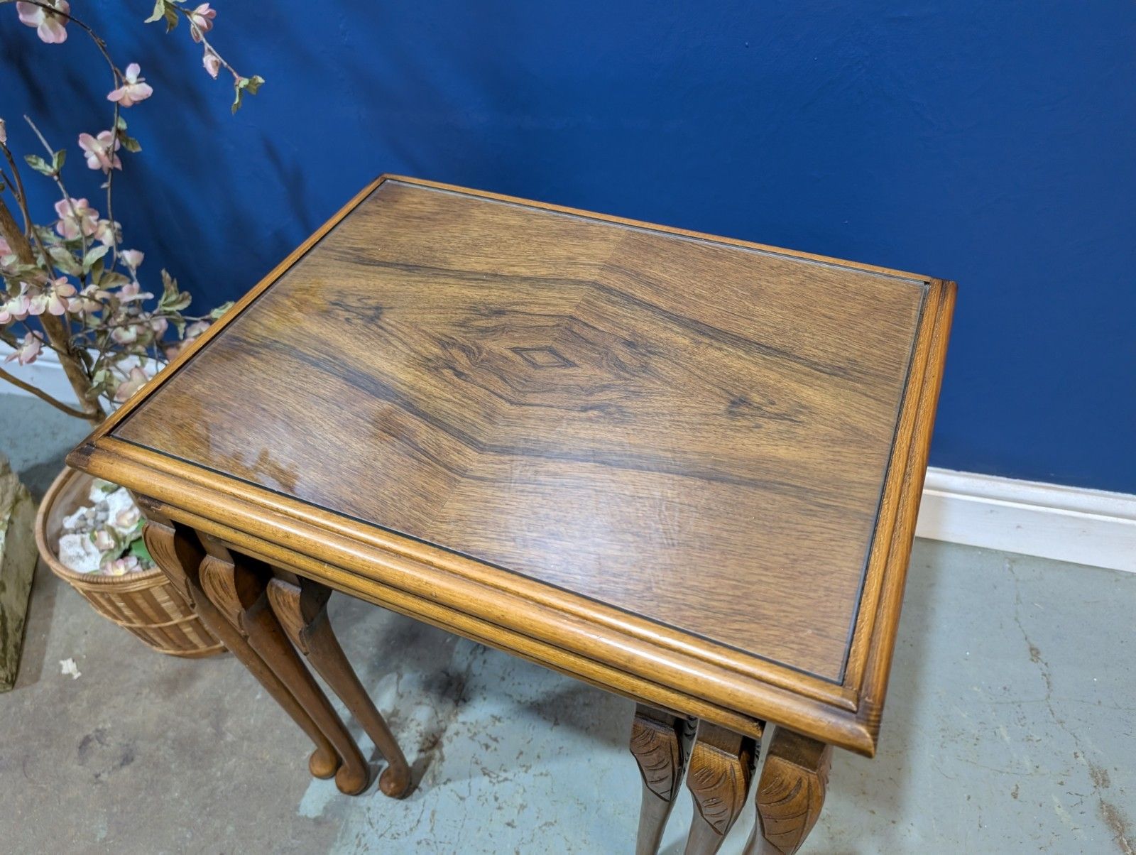 Vintage Nest Of Tables Queen Anne Legs With Glass Top Walnut Veneer photo 90.0