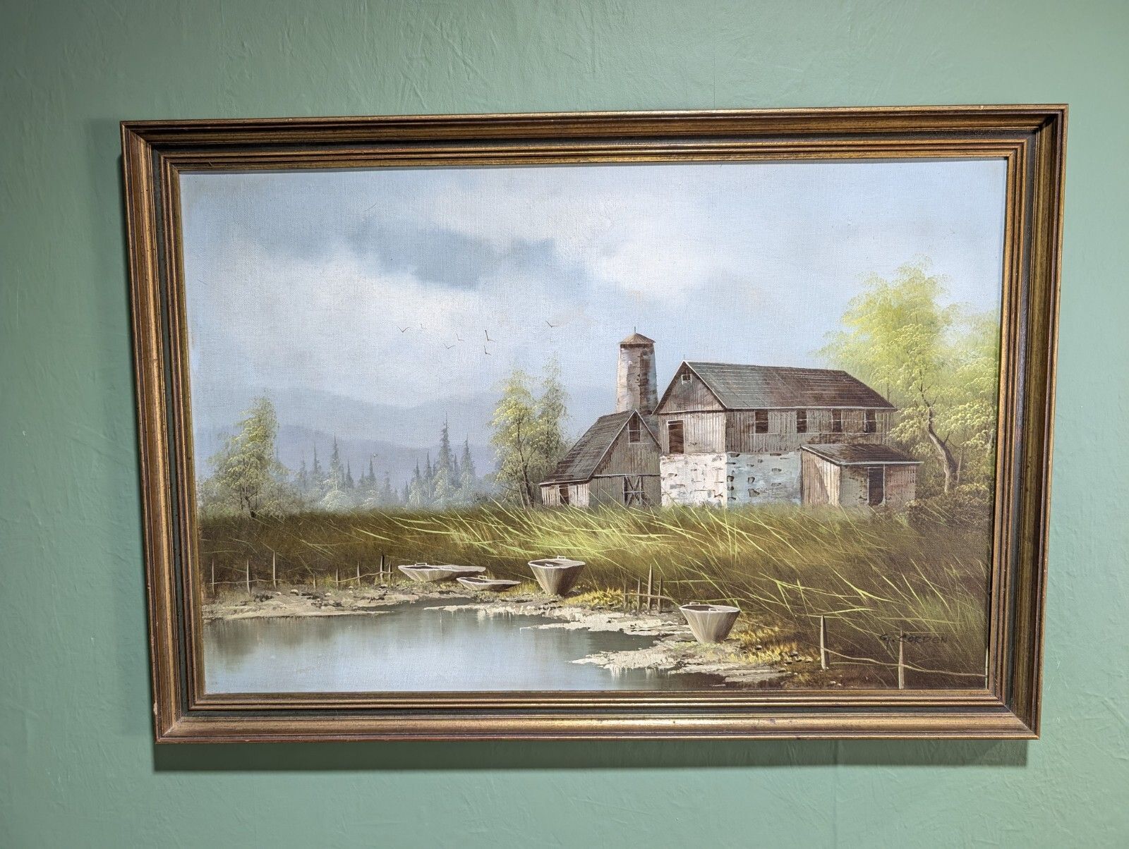 Vintage Oleograph Art Print By G Corden Farm River Working Scene With Landscape.